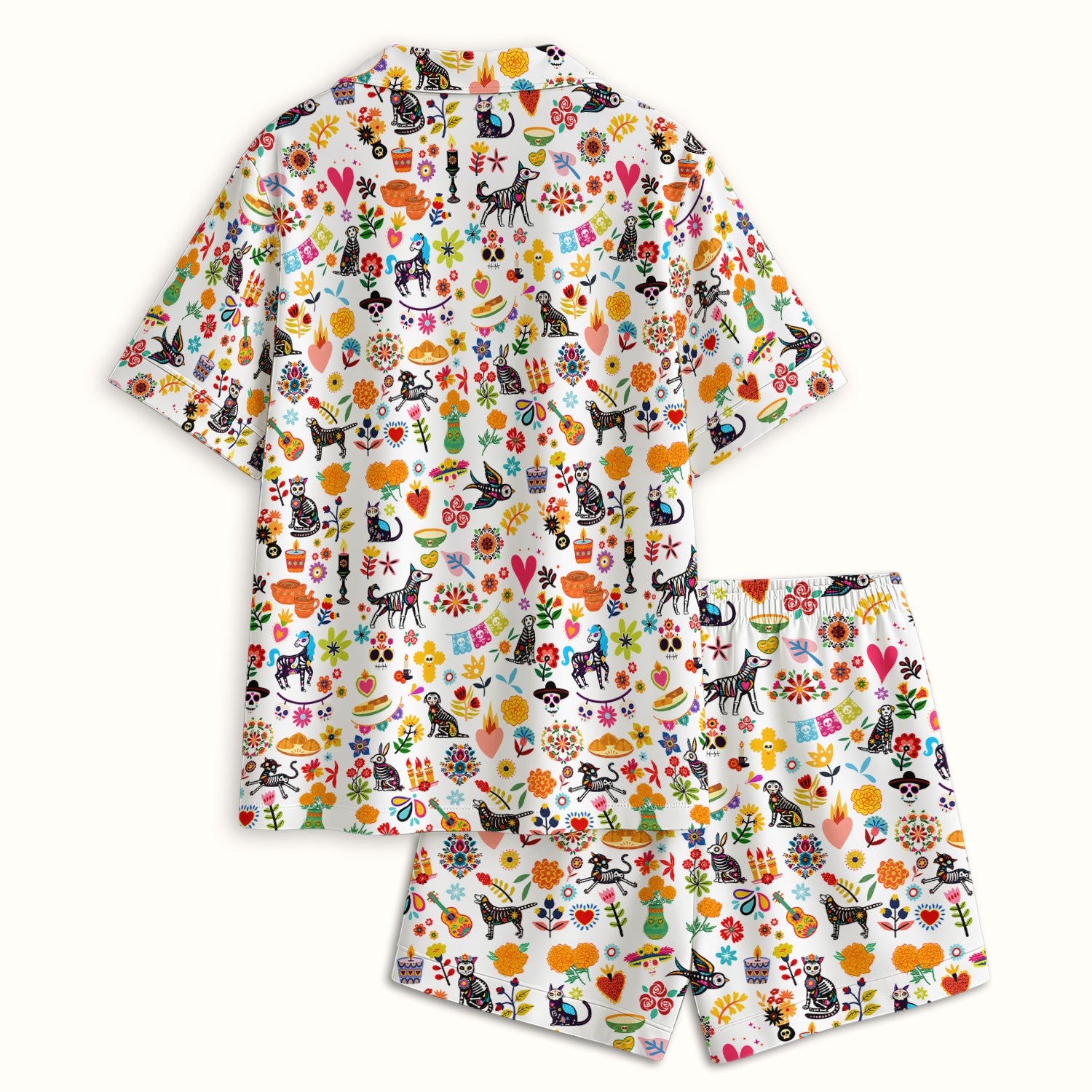 Day Of The Dead Sugar Skull Print Pajama Set, Soft Breathable Fabric Comfortable Sleepwear