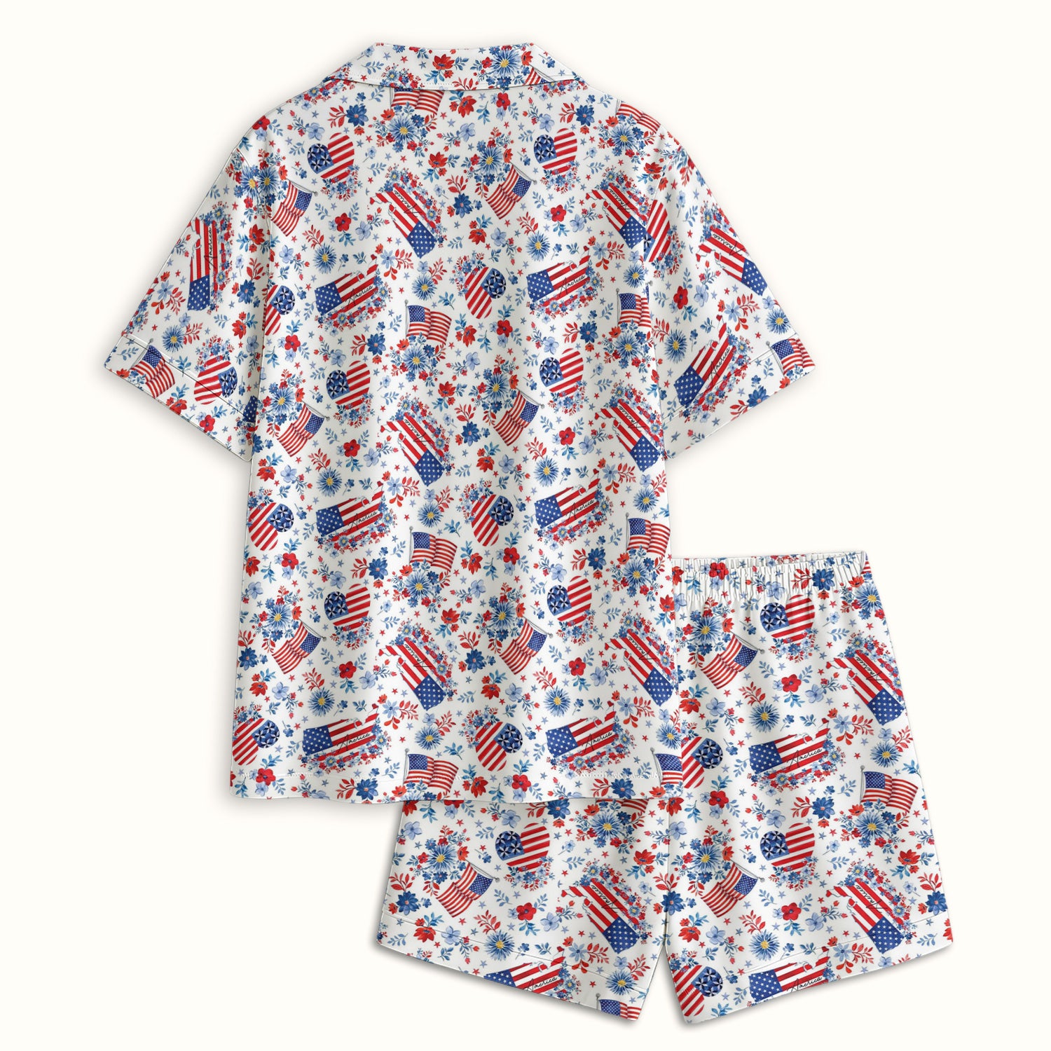 Festive American Flag Heart Floral Pattern Pajama Set, Soft Breathable Fabric Comfortable Sleepwear