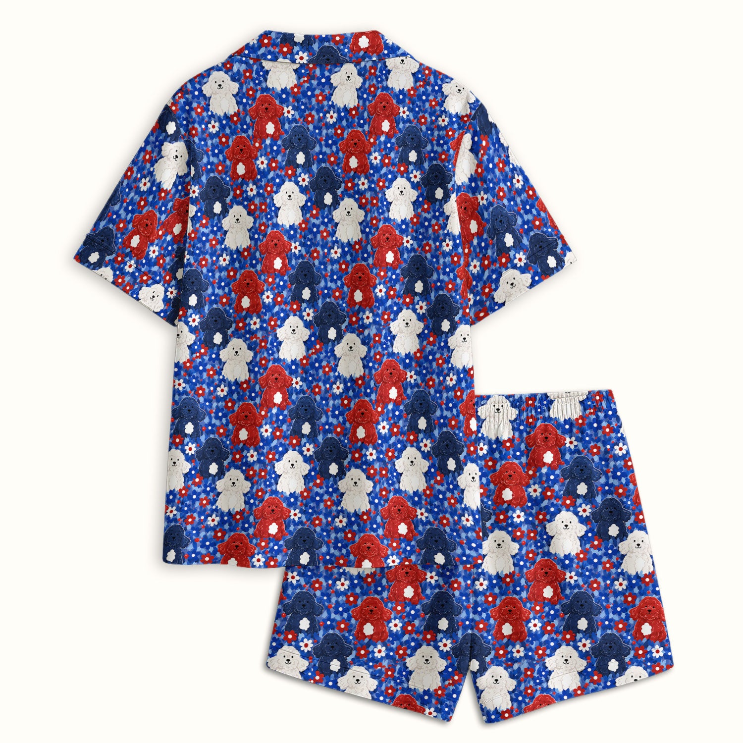 Cute Poodle Floral Garden Print Pajama Set, Soft Breathable Fabric Comfortable Sleepwear