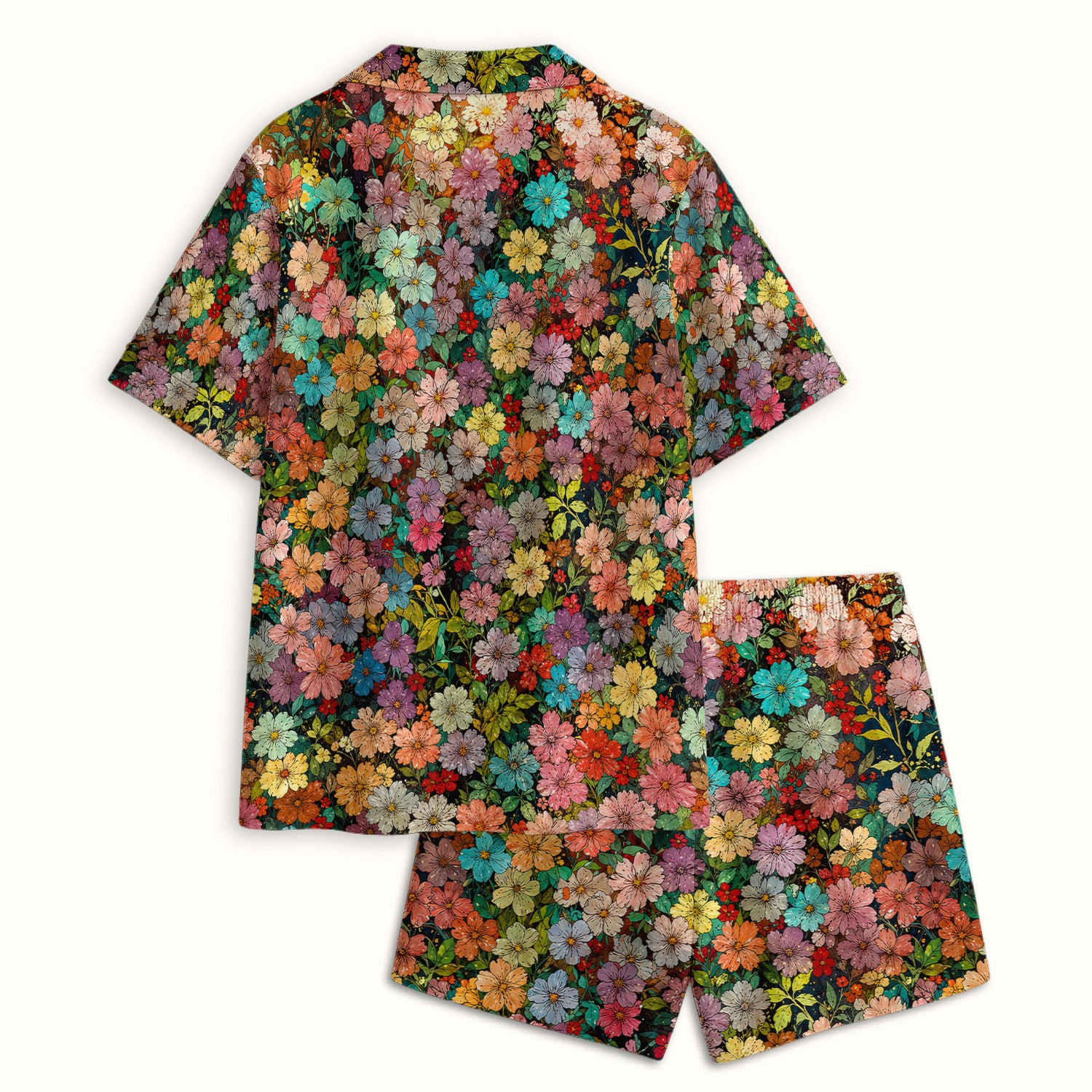Colorful Wildflower Garden Bloom Pattern Pajama Set, Soft Breathable Fabric Comfortable Sleepwear