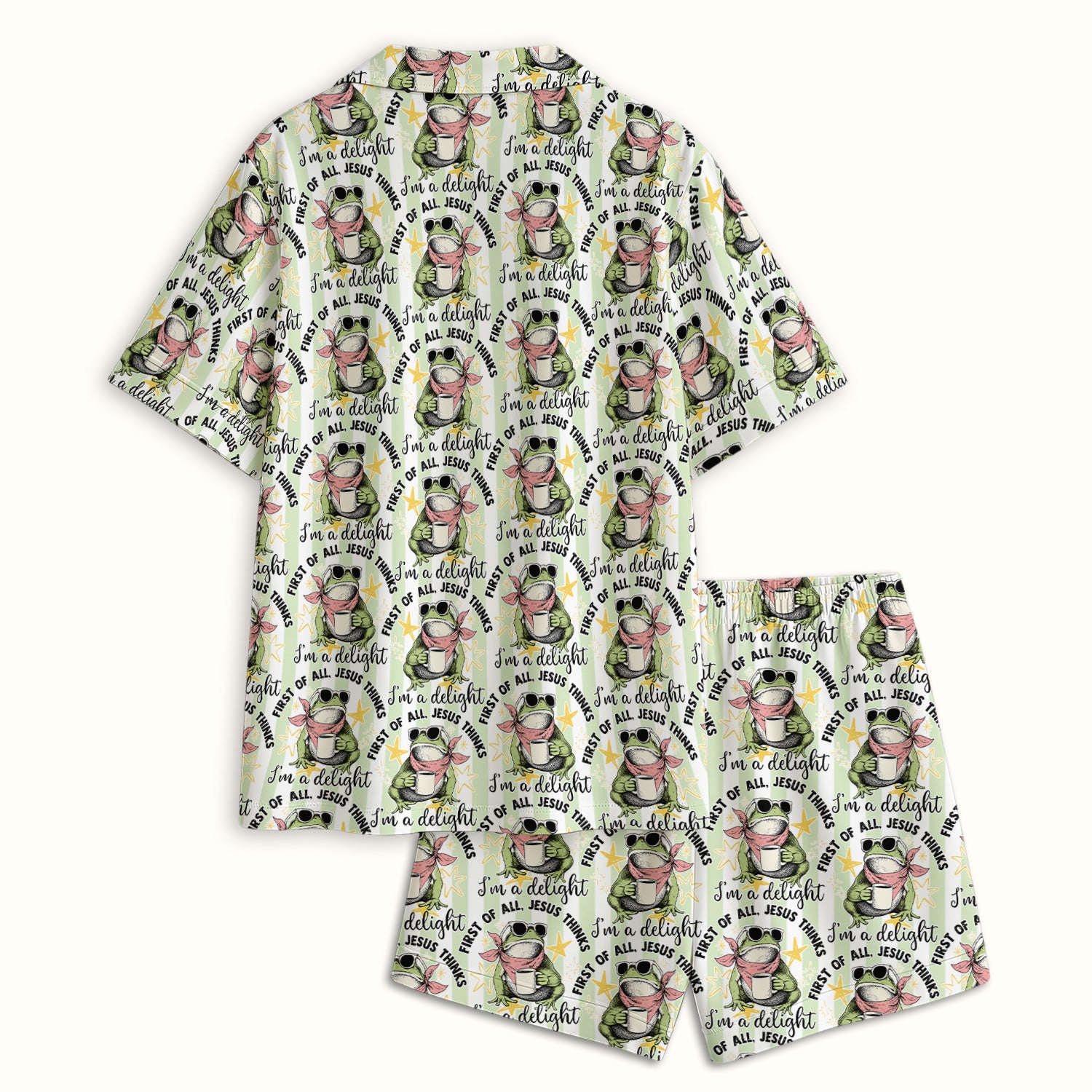 Funny Frog Coffee Quote Pattern Pajama Set, Soft Breathable Fabric Comfortable Sleepwear