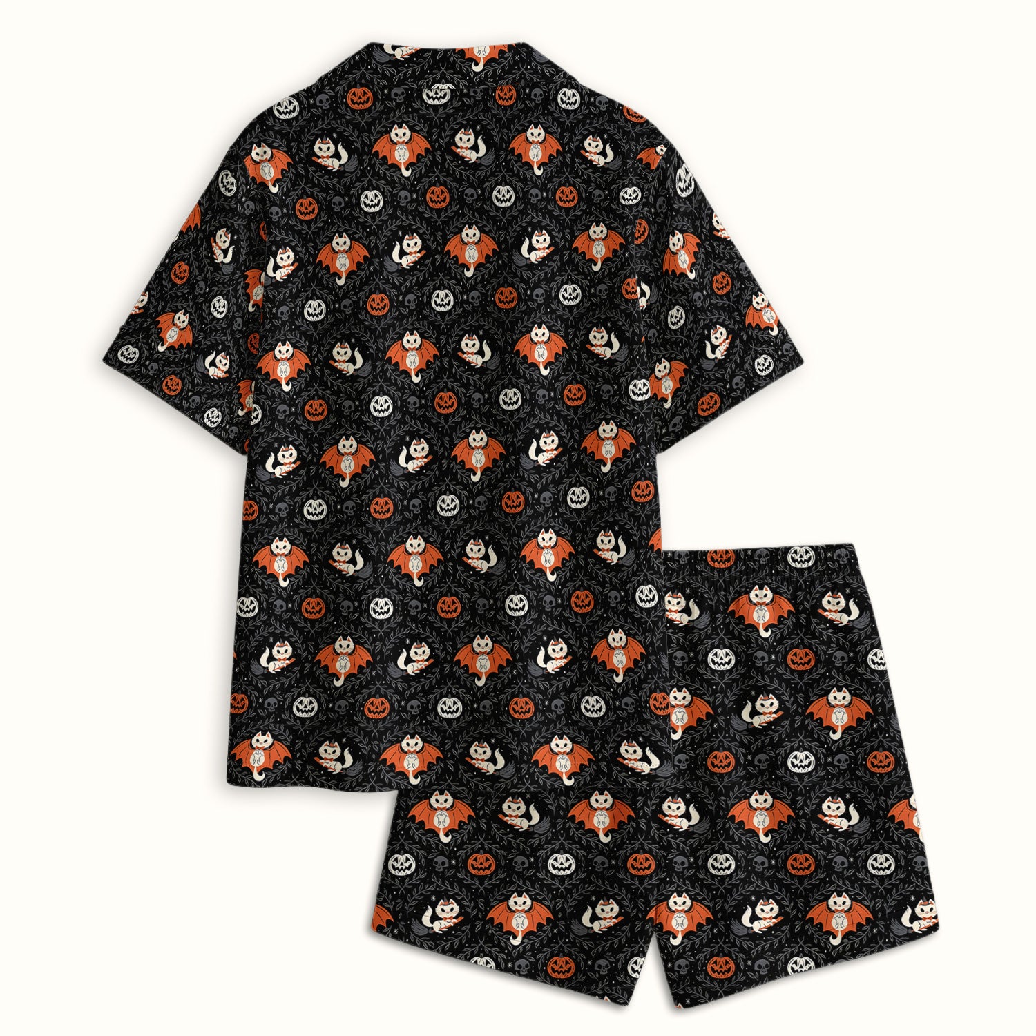 Cute Halloween Vampire Cat Pattern Pajama Set, Soft Breathable Fabric Comfortable Sleepwear