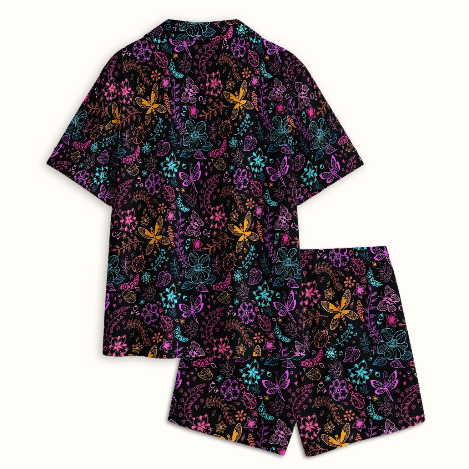 Neon Butterfly and Floral Garden Pattern Pajama Set, Breathable Fabrics Uniform