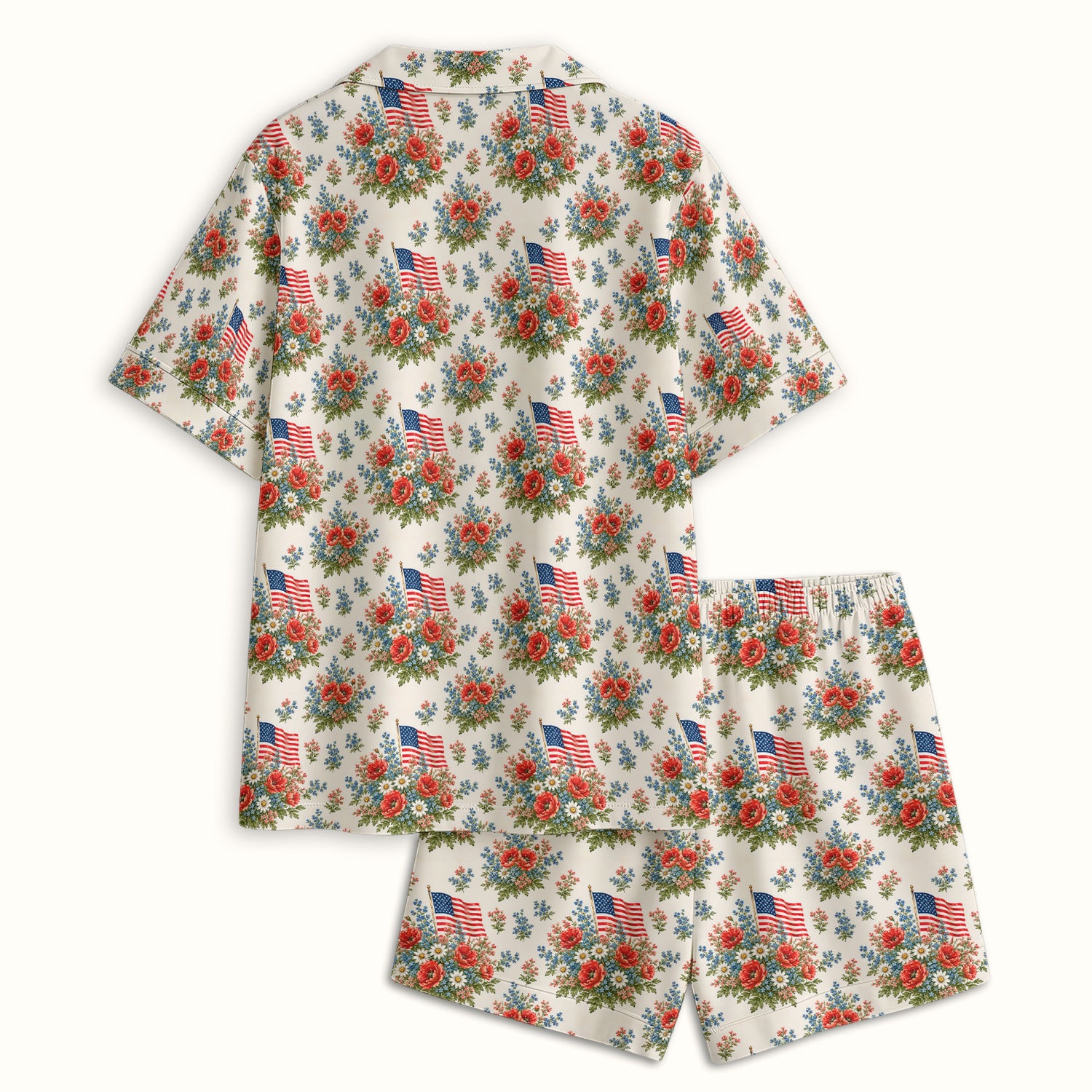Patriotic Floral With USA Flag Pattern Pajama Set, Soft Breathable Fabric Comfortable Sleepwear