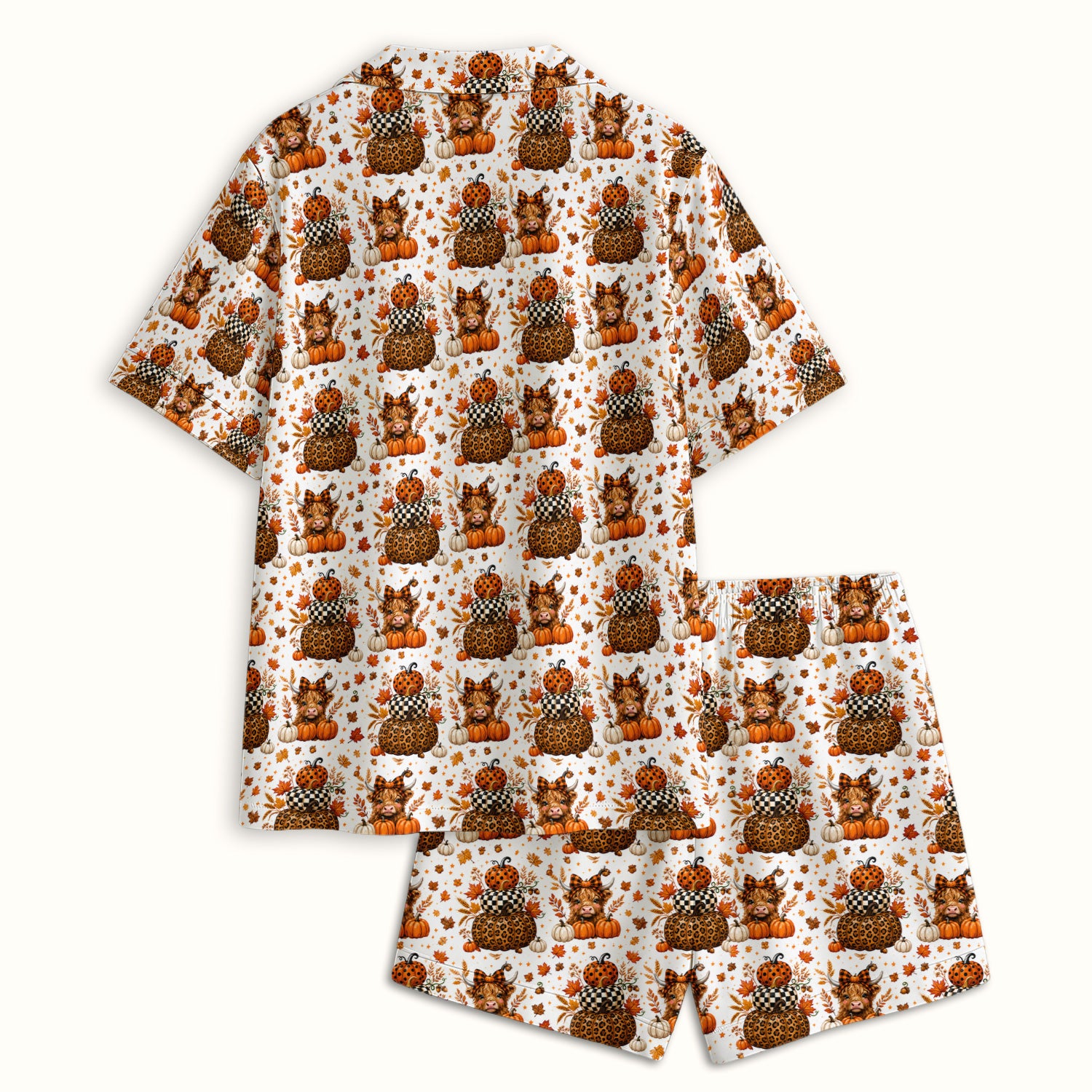Fall Highland Cow Pattern Pajama Set, Soft Breathable Fabric Comfortable Sleepwear