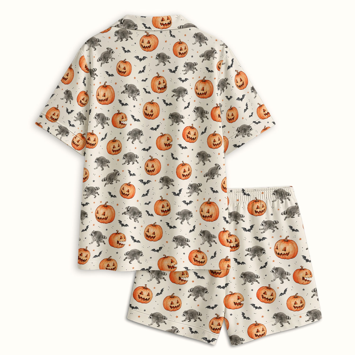 Spooky Halloween Raccoon And Pumpkin Pajama Set, Soft Breathable Fabric Comfortable Sleepwear