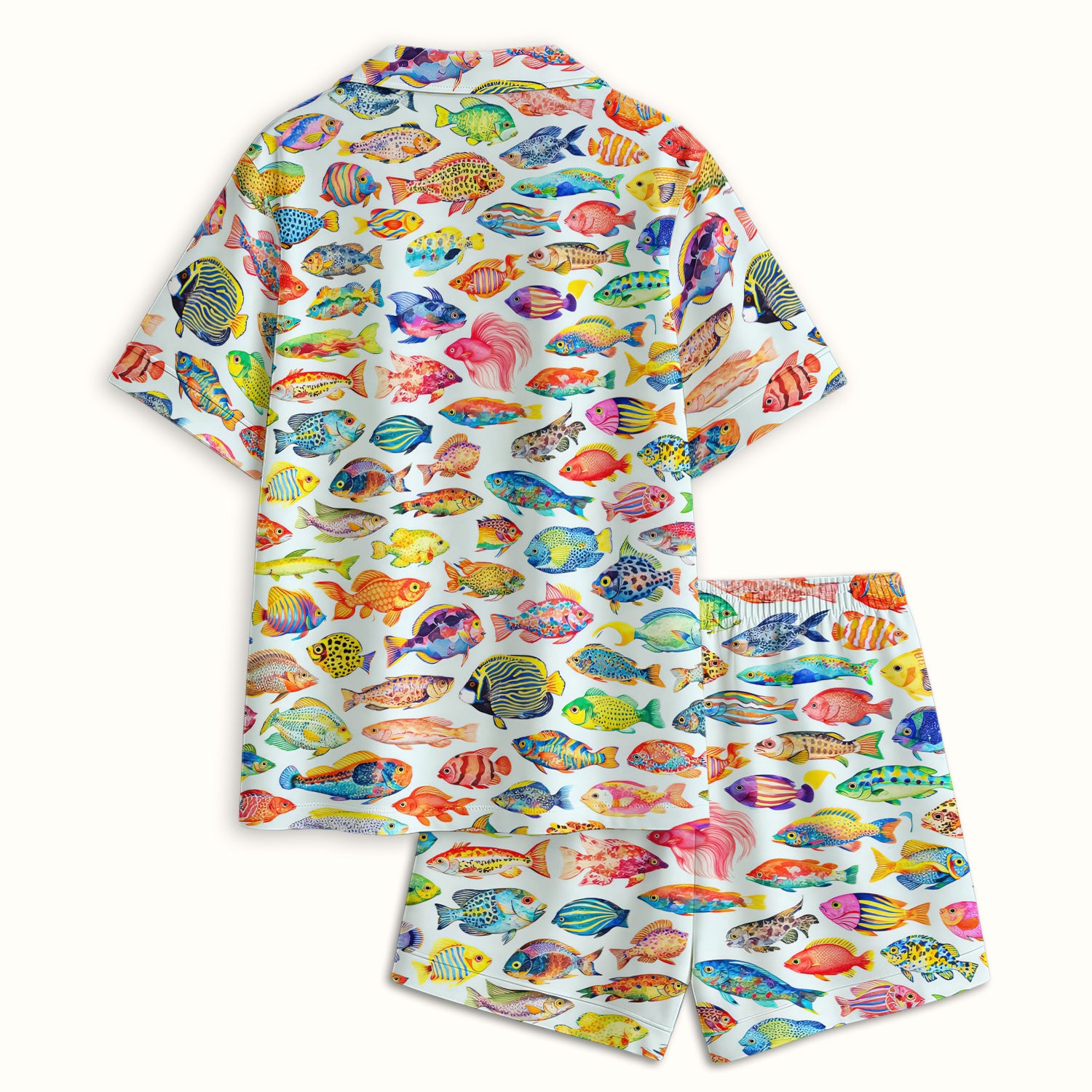 Colorful Tropical Fish Pattern Pajama Set, Soft Breathable Fabric Comfortable Sleepwear