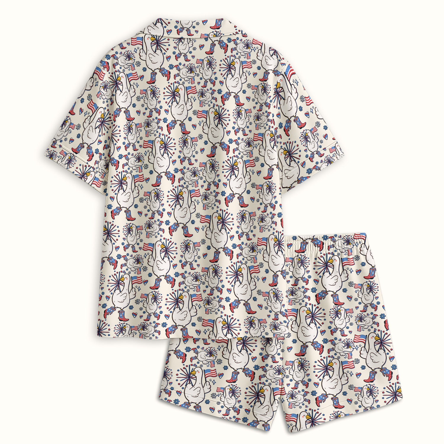Patriotic Goose With USA Flag Fireworks Pajama Set, Soft Breathable Fabric Comfortable Sleepwear