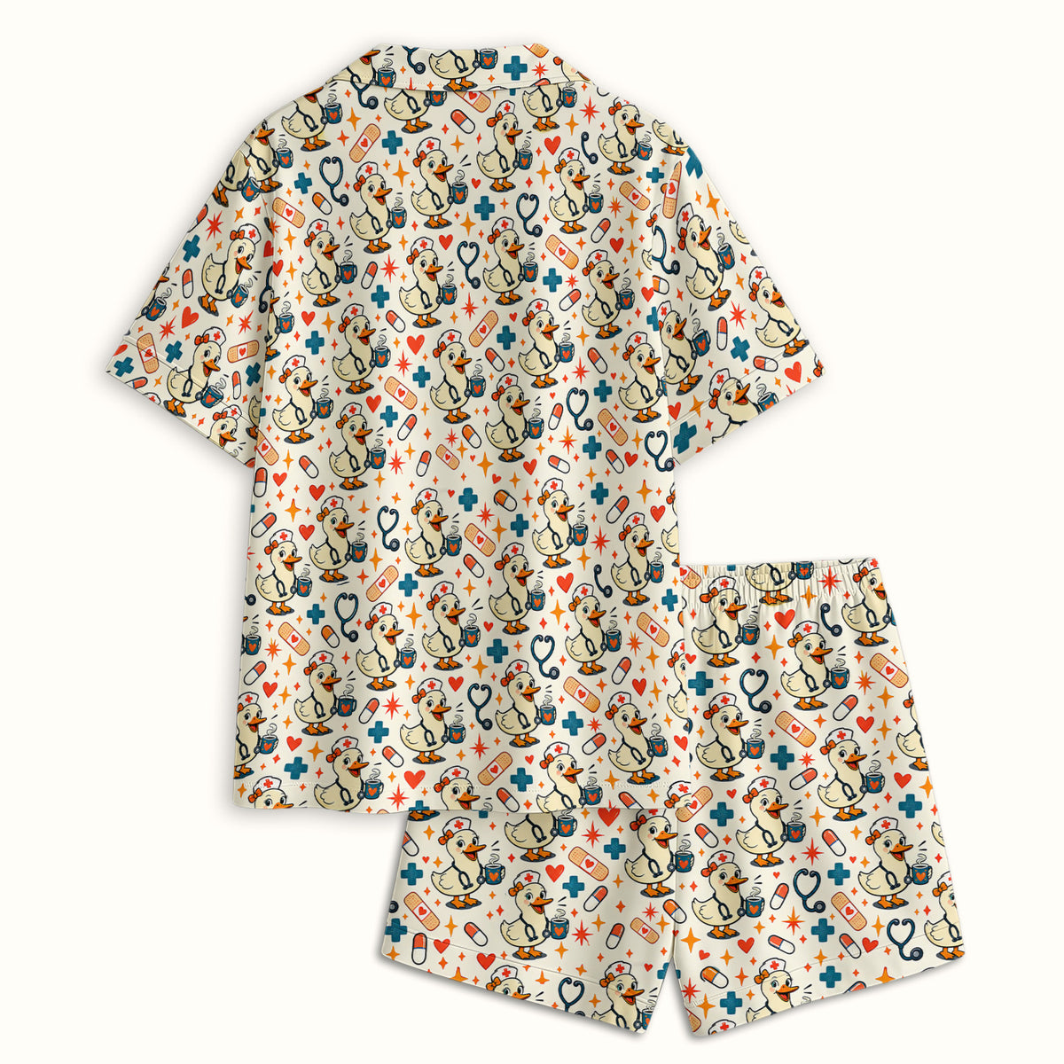 Cute Nurse Duck With Coffee Pajama Set, Soft Breathable Fabric Comfortable Sleepwear