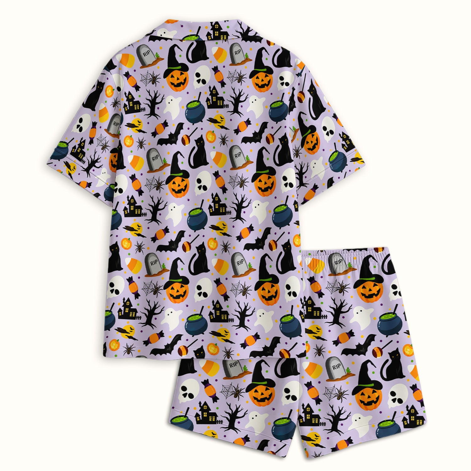 Ghost Pumpkin Witch Pattern Pajama Set, Soft Breathable Fabric Comfortable Sleepwear