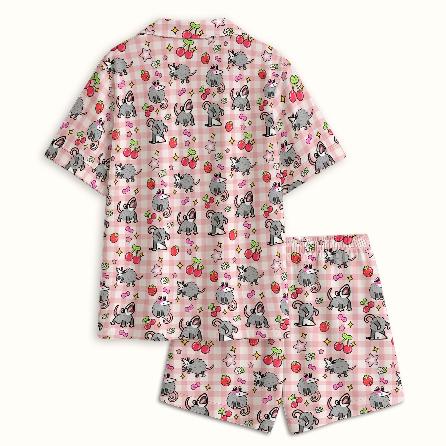 Cute Opossum And Cherries Gingham Pattern Pajama Set, Soft Breathable Fabric Comfortable Sleepwear
