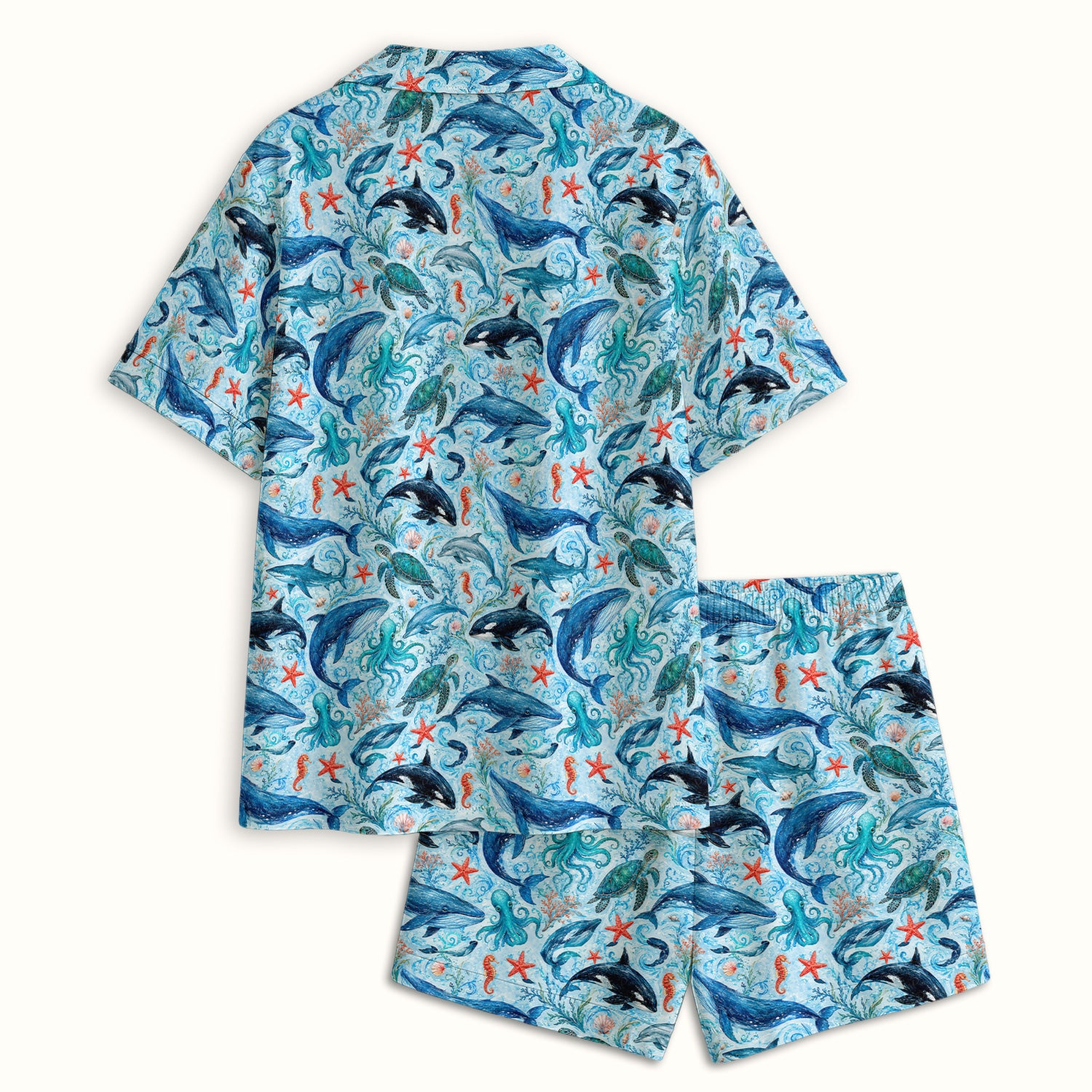 Watercolor Ocean Wildlife Scene Pattern Pajama Set, Soft Breathable Fabric Comfortable Sleepwear