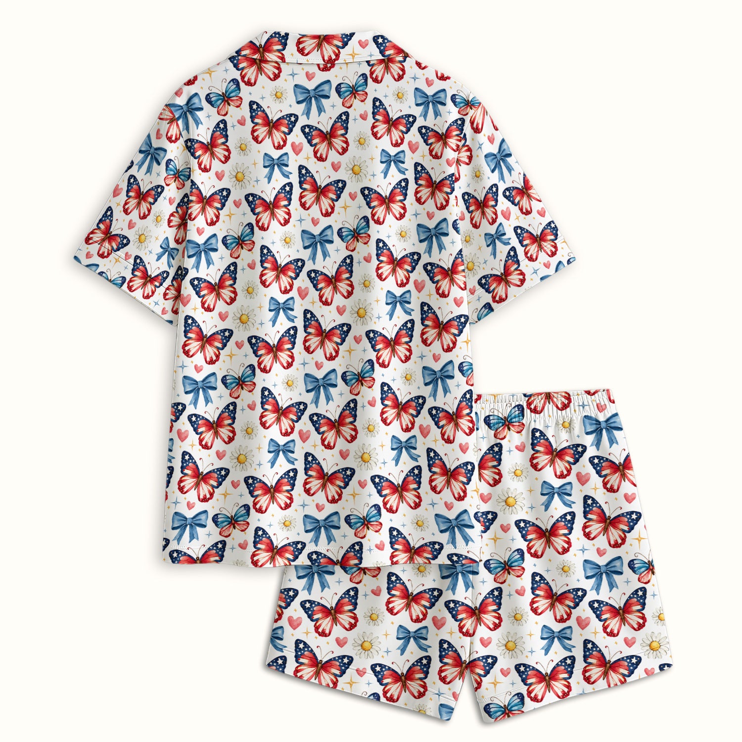 Patriotic Butterfly Bow Daisy Pattern Pajama Set, Soft Breathable Fabric Comfortable Sleepwear