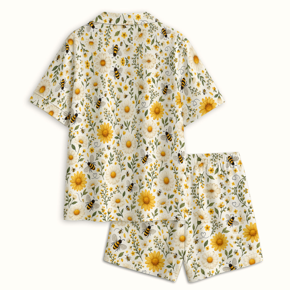 Cute Honey Bee And Daisy Pattern Pajama Set, Soft Breathable Fabric Comfortable Sleepwear