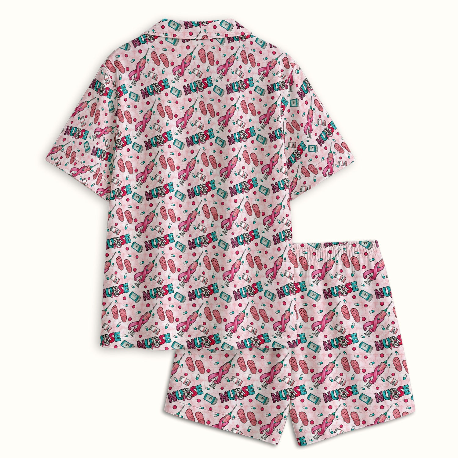 Pink Ribbon with Recovery Print Pajama Set, Soft Breathable Fabric Comfortable Sleepwear