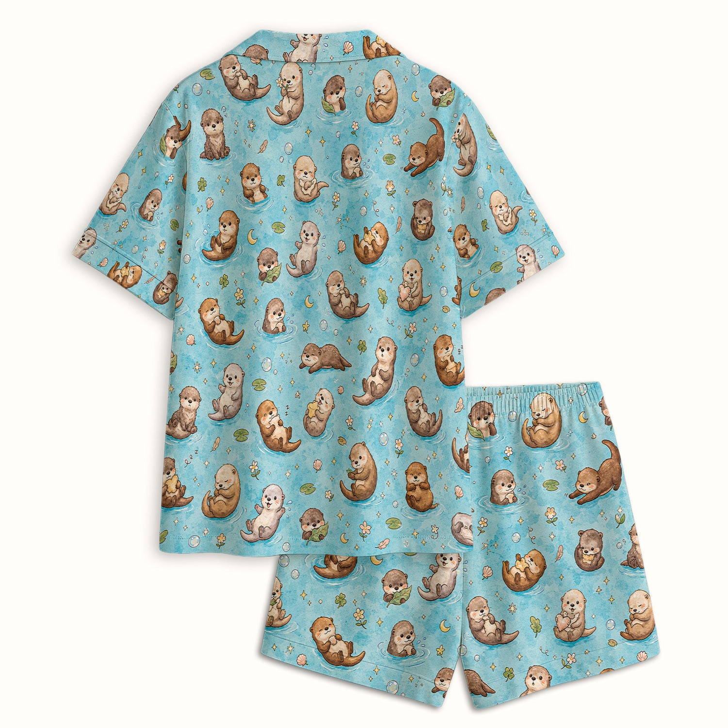 Cute Otter Pond Nurse Print Pajama Set, Soft Breathable Fabric Comfortable Sleepwear