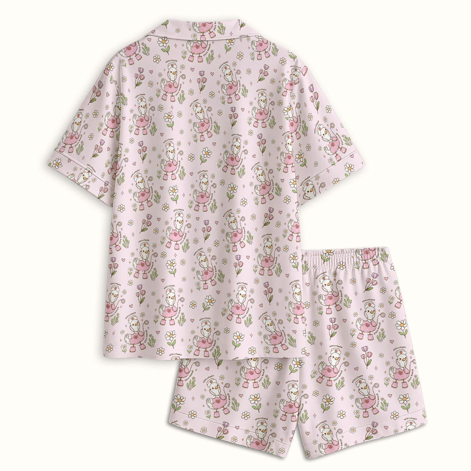 Funny Nurse Goose Daisy Print Pajama Set, Soft Breathable Fabric Comfortable Sleepwear