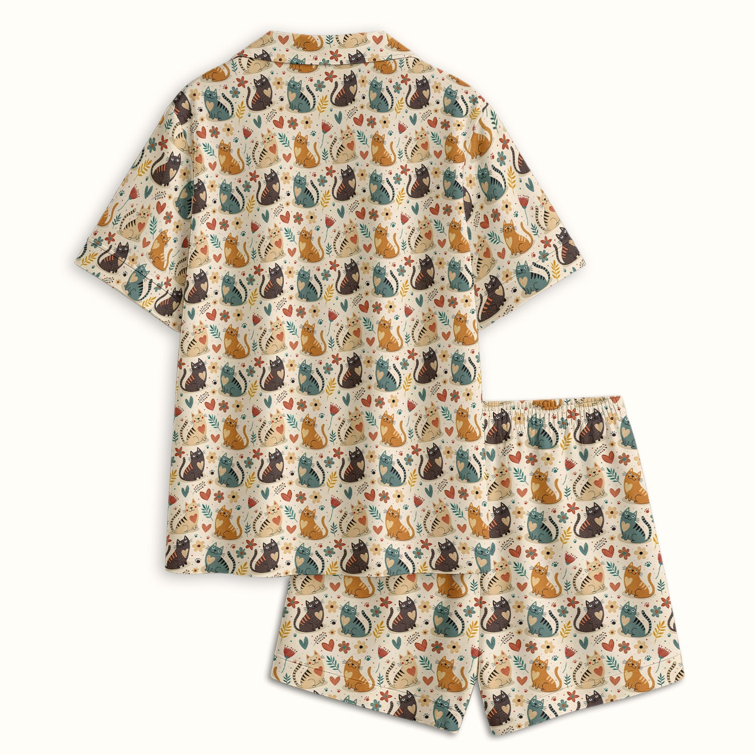 Cute Cat Print Pajama Set, Soft Breathable Fabric Comfortable Sleepwear