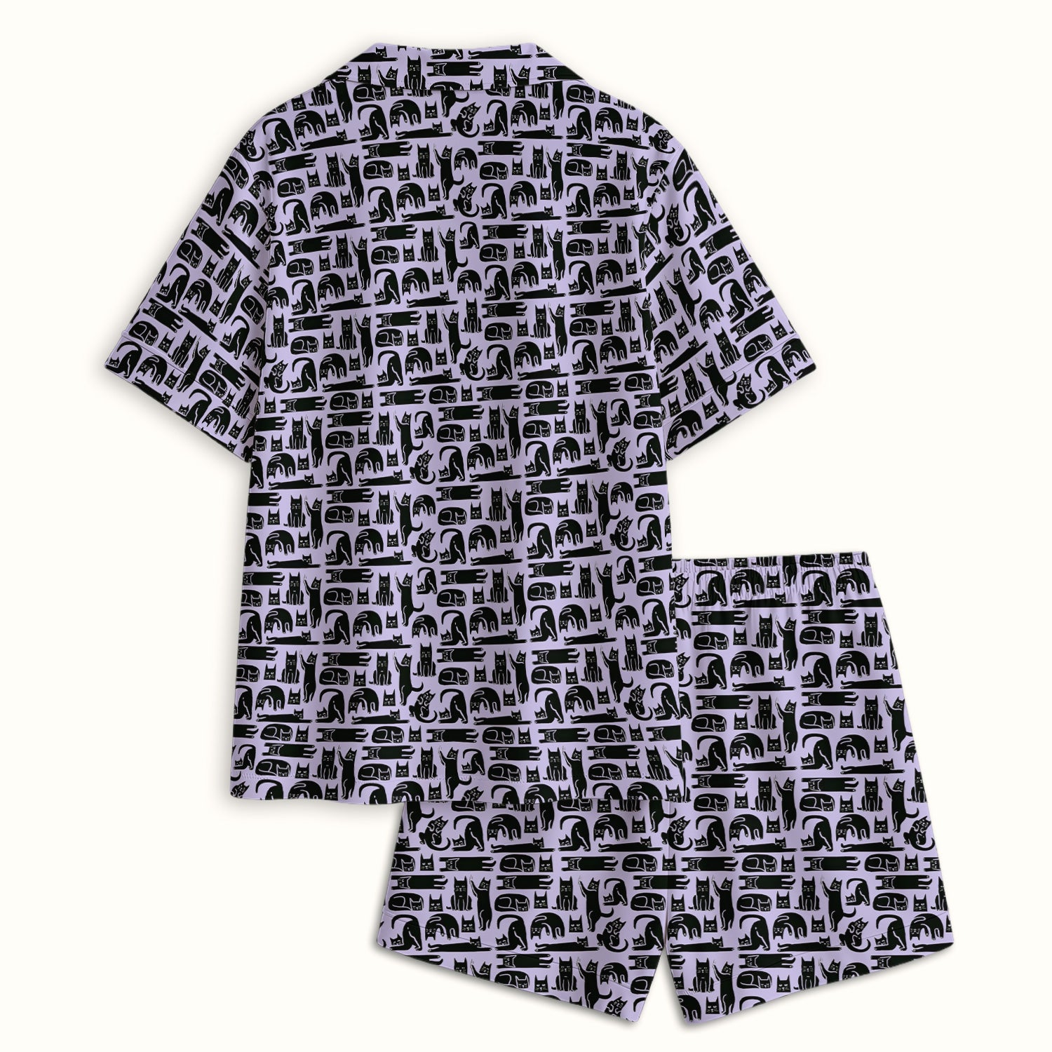 Cute Funny Cat Poses Print Pajama Set, Breathable Fabrics Uniform