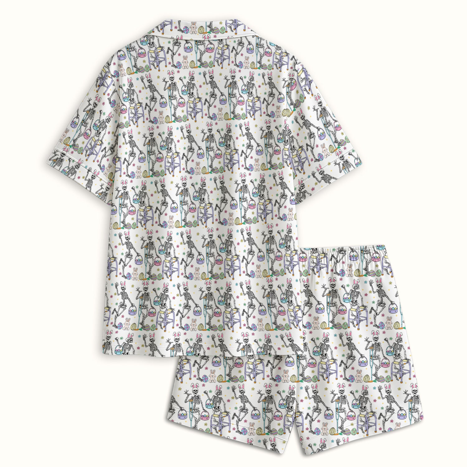 Fun Skeleton Bunny Easter Print Pajama Set, Breathable Fabrics Uniform