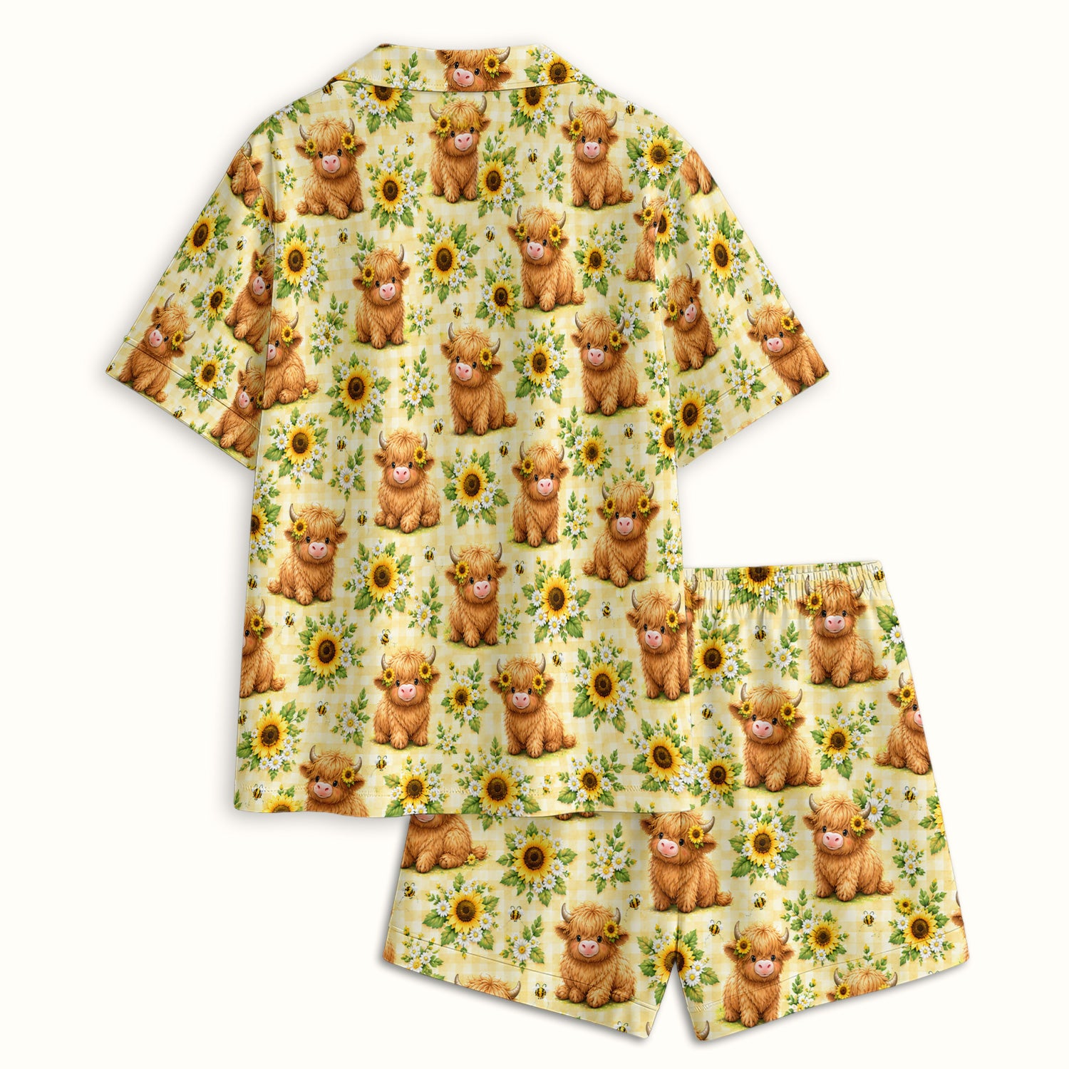 Sunflower Highland Cow And Bee Pattern Pajama Set, Soft Breathable Fabric Comfortable Sleepwear
