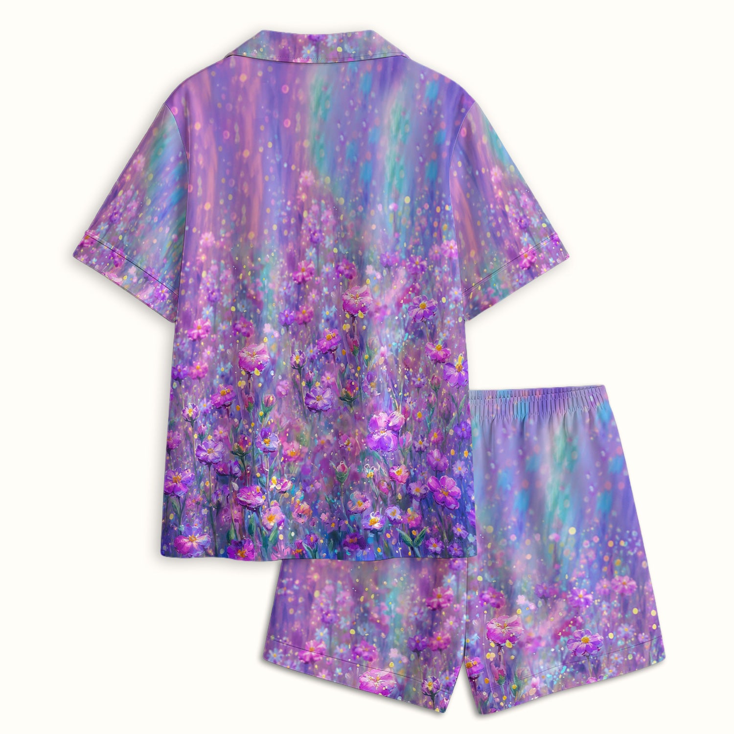 Watercolor Hummingbird with Purple Floral Garden Print Pajama Set, Soft Breathable Fabric Comfortable Sleepwear