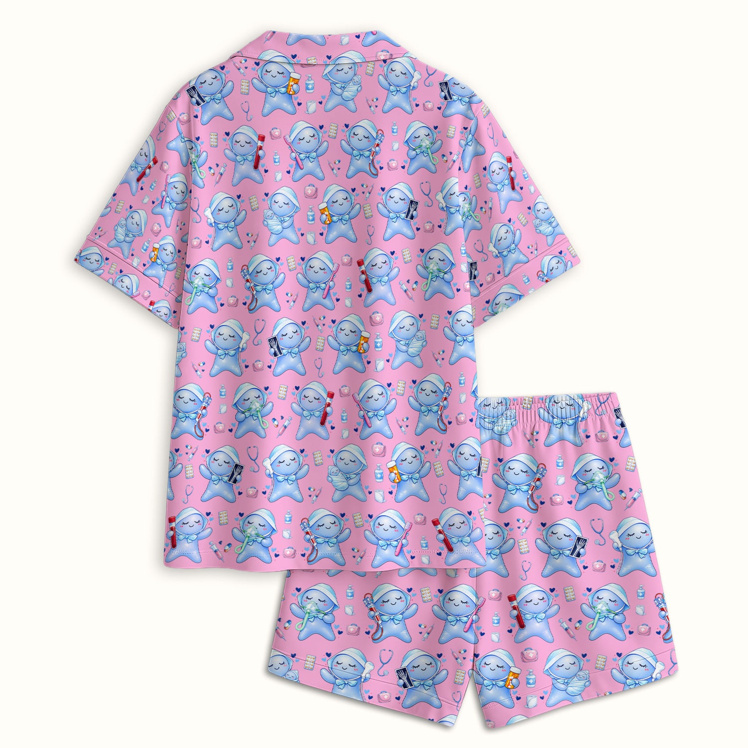 Cute Tooth Character Dental Tools Caring Pattern Pajama Set, Breathable Fabrics Uniform