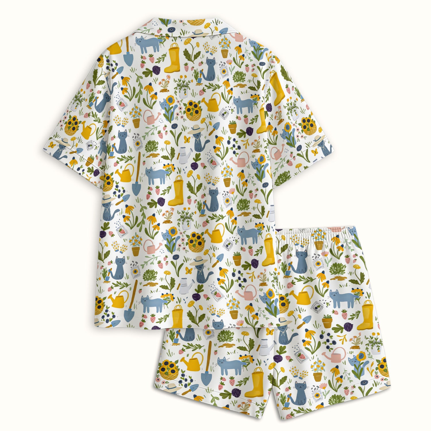 Cat Gardening Wildflower Tools Pattern Pajama Set, Breathable Fabrics Uniform
