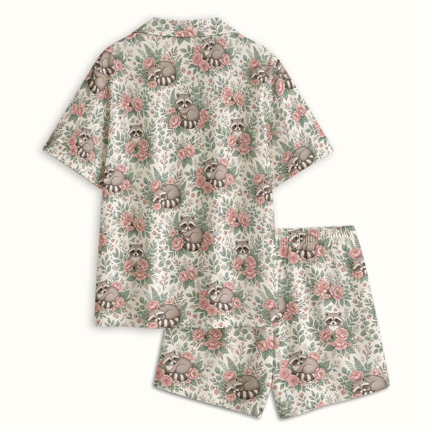 Sleeping Raccoon Rose Garden Pattern Pajama Set, Soft Breathable Fabric Comfortable Sleepwear