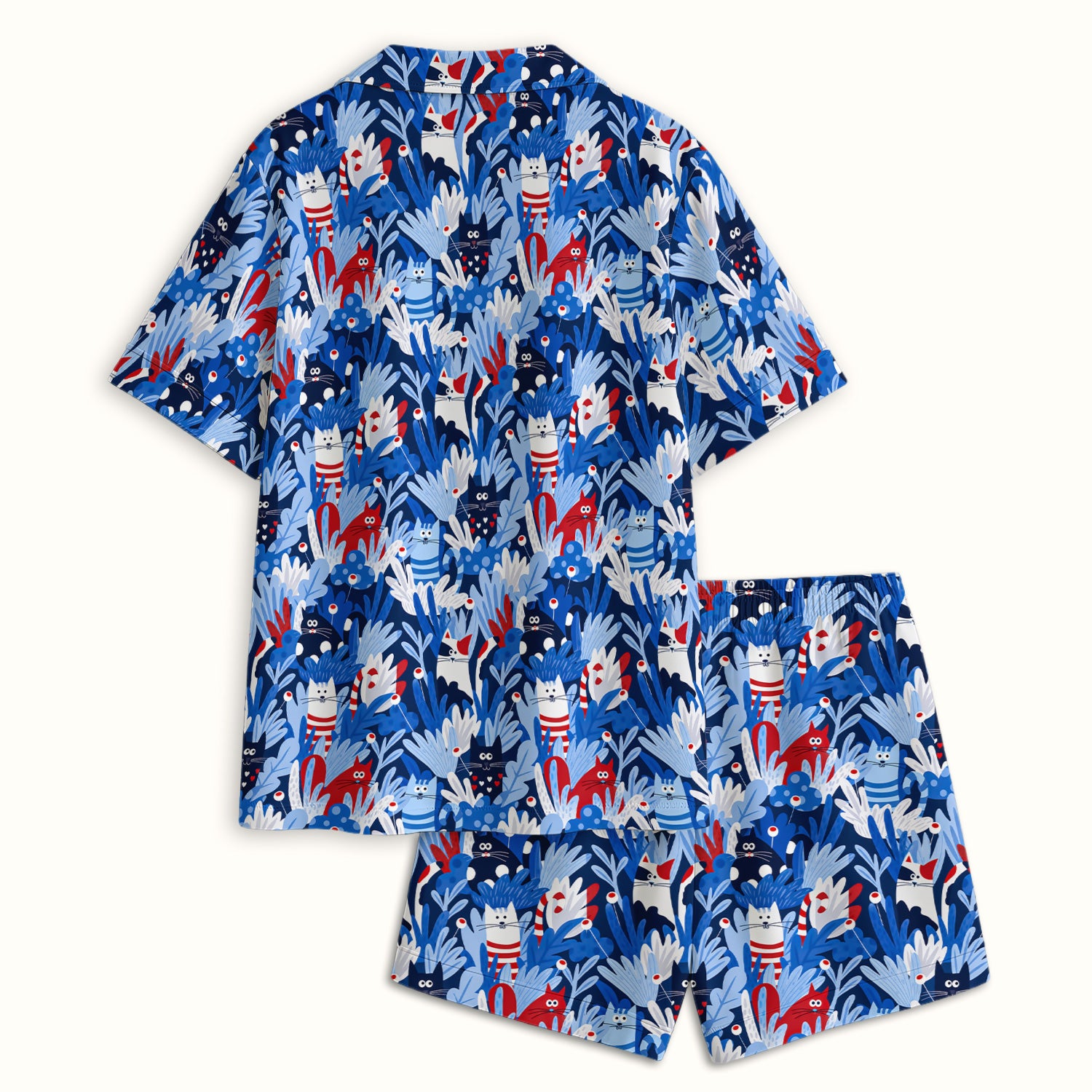 Cute Cats Among Blue Foliage Pattern Pajama Set, Soft Breathable Fabric Comfortable Sleepwear
