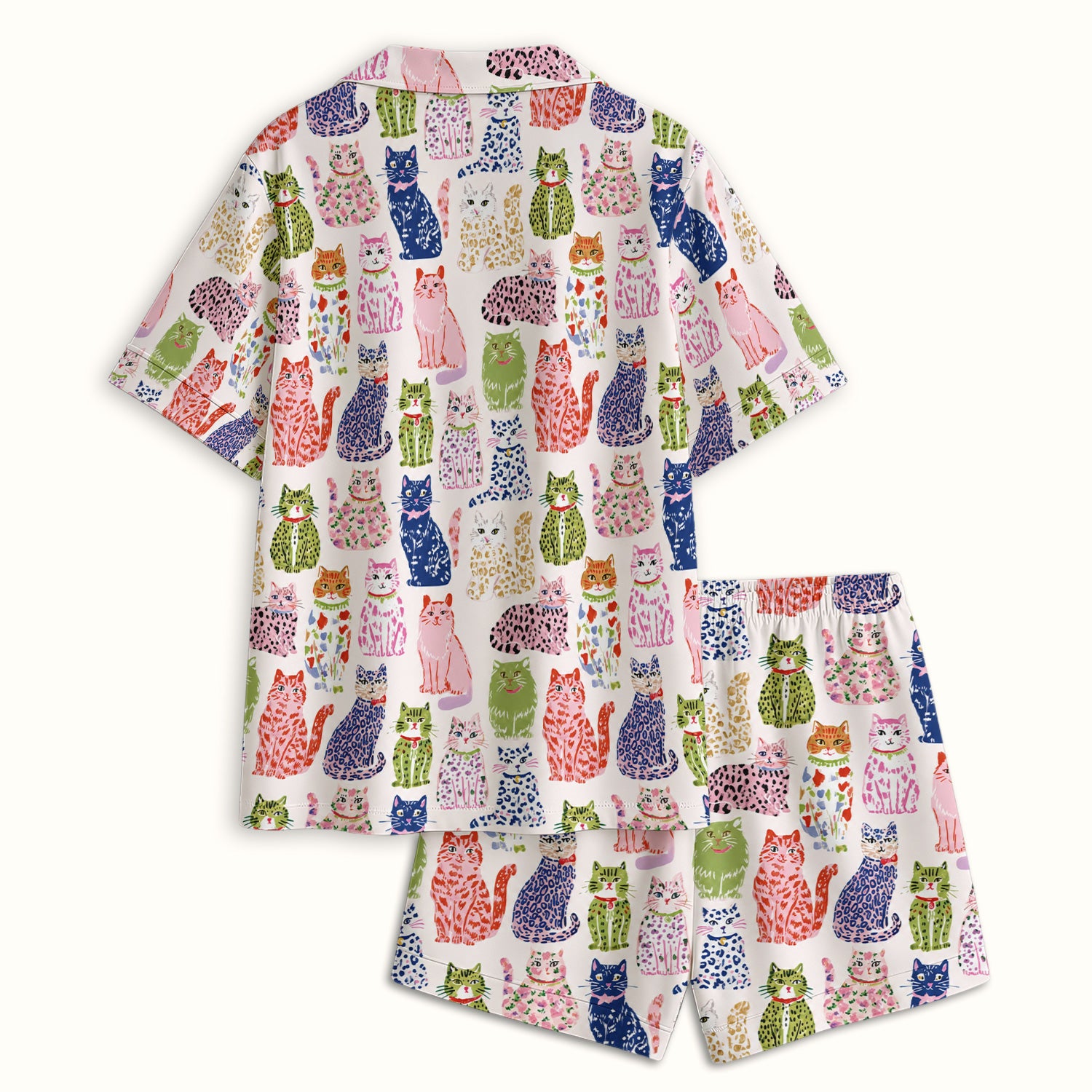 Colorful Cat with Playful Pet Pajama Set, Soft Breathable Fabric Comfortable Sleepwear