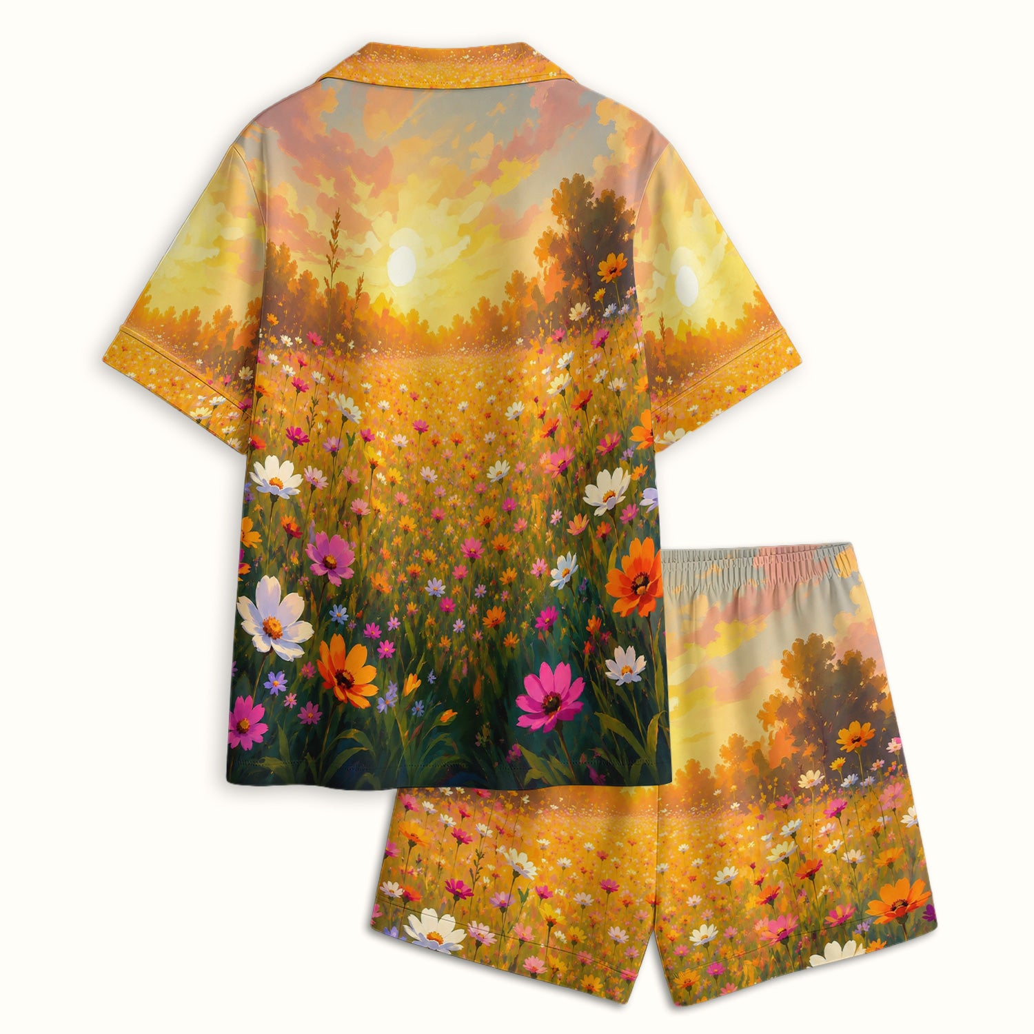 Cute Floral Meadow Dog Print Pajama Set, Soft Breathable Fabric Comfortable Sleepwear