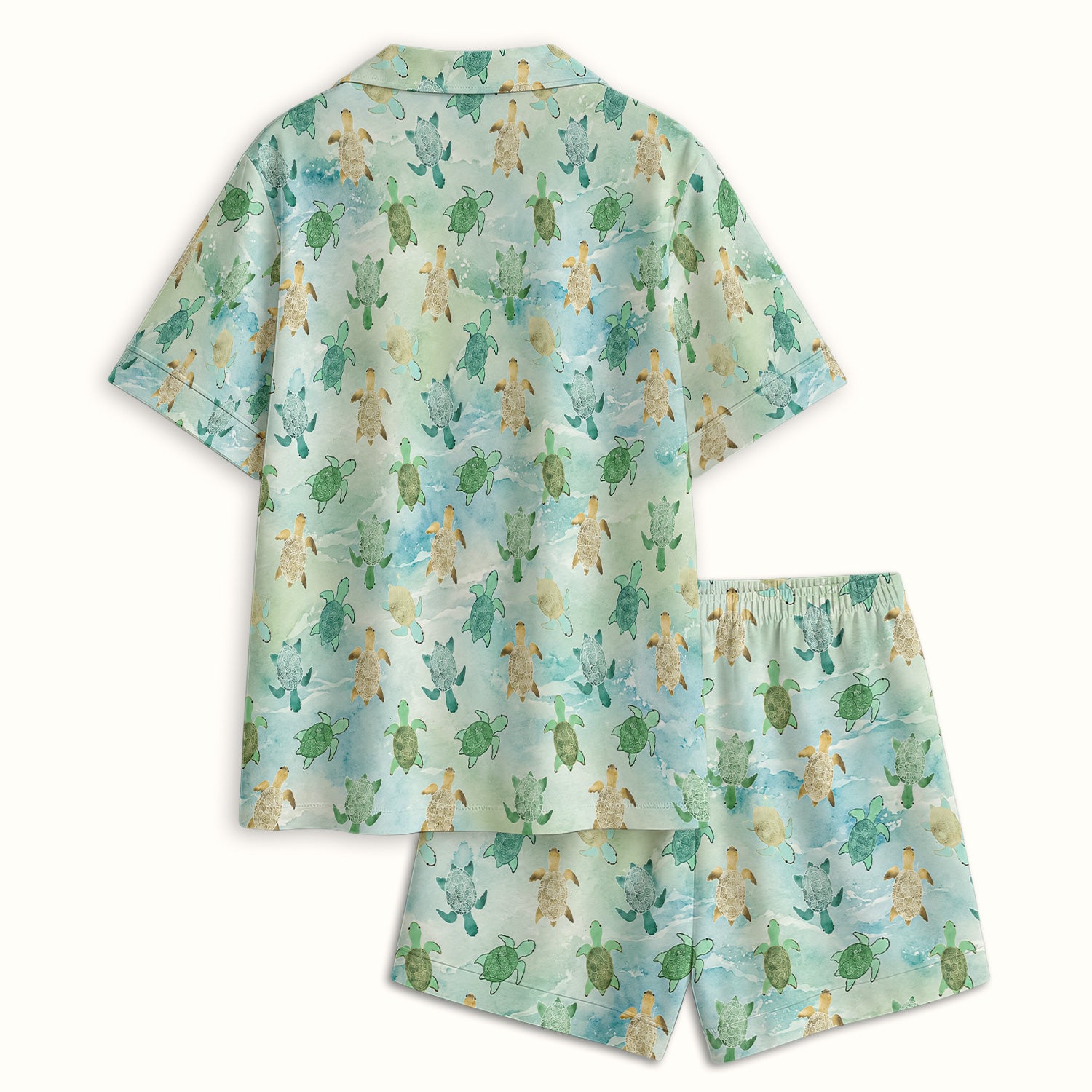 Watercolor Sea Turtle Pattern Pajama Set, Soft Breathable Fabric Comfortable Sleepwear