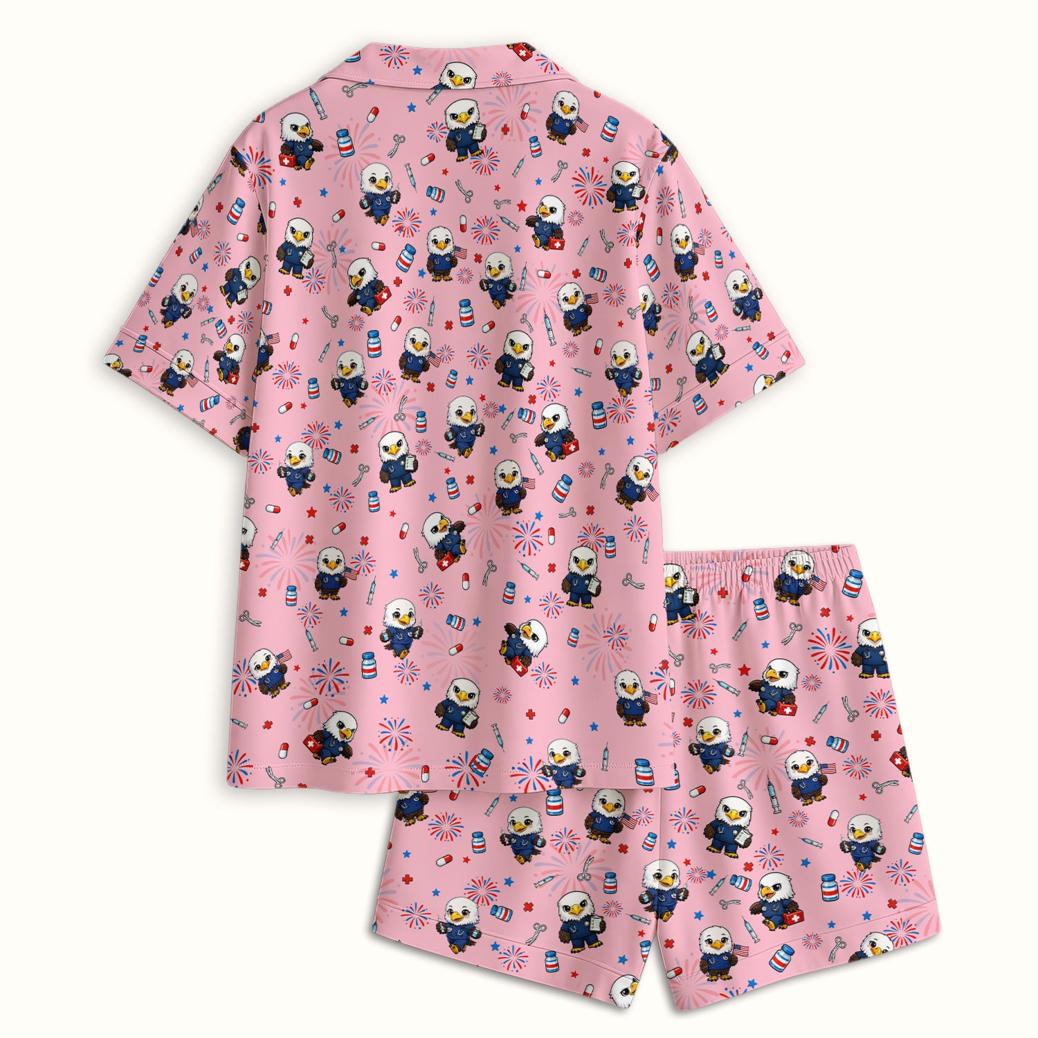 Patriotic Nurse Eagle Fireworks Medical Pattern Pajama Set, Breathable Fabrics Uniform
