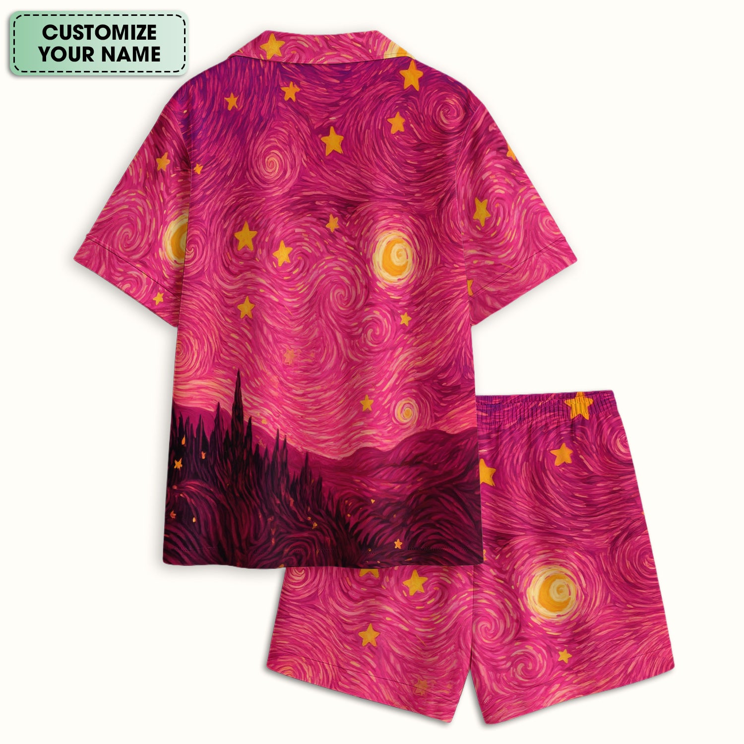 Personalized Black Cat Galaxy Star Swirl Pattern Pajama Set, Breathable Fabrics Uniform