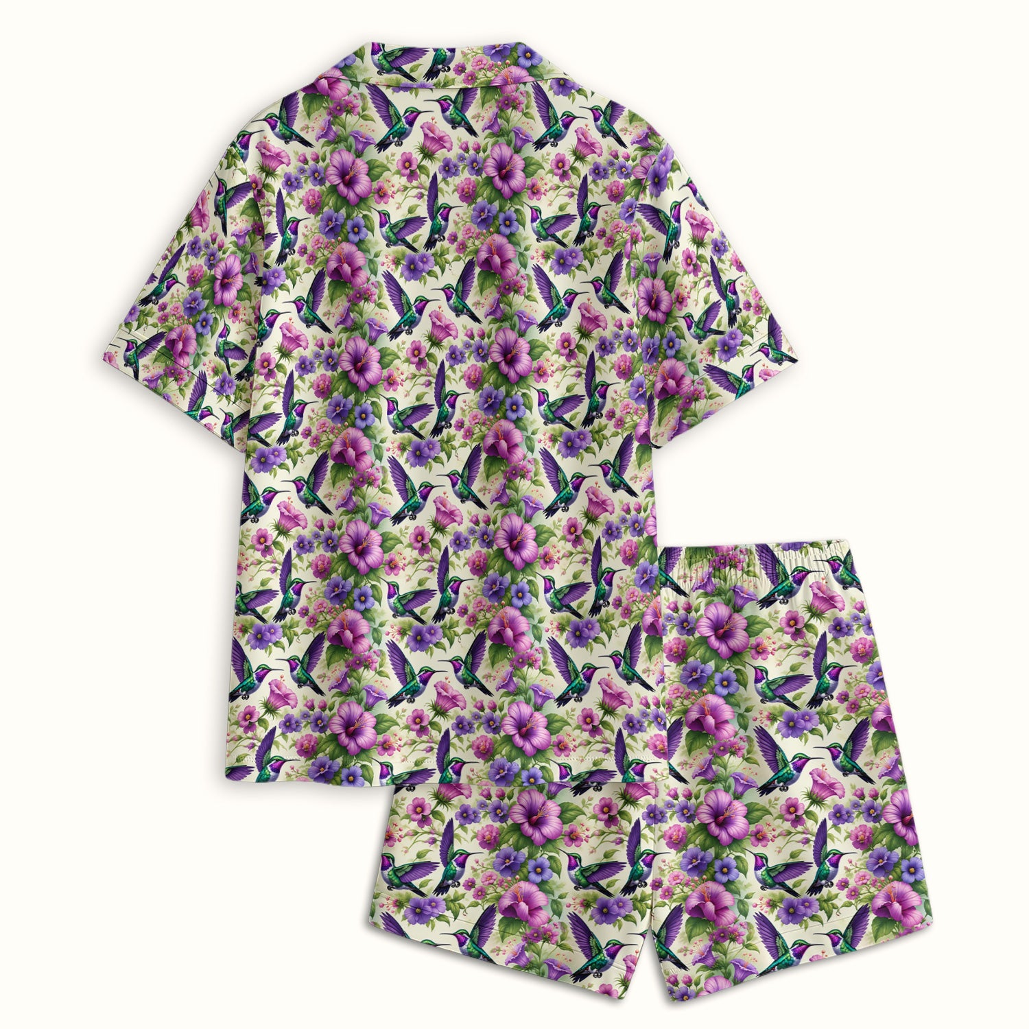 Purple Hummingbird Hibiscus Floral Pattern Pajama Set, Soft Breathable Fabric Comfortable Sleepwear