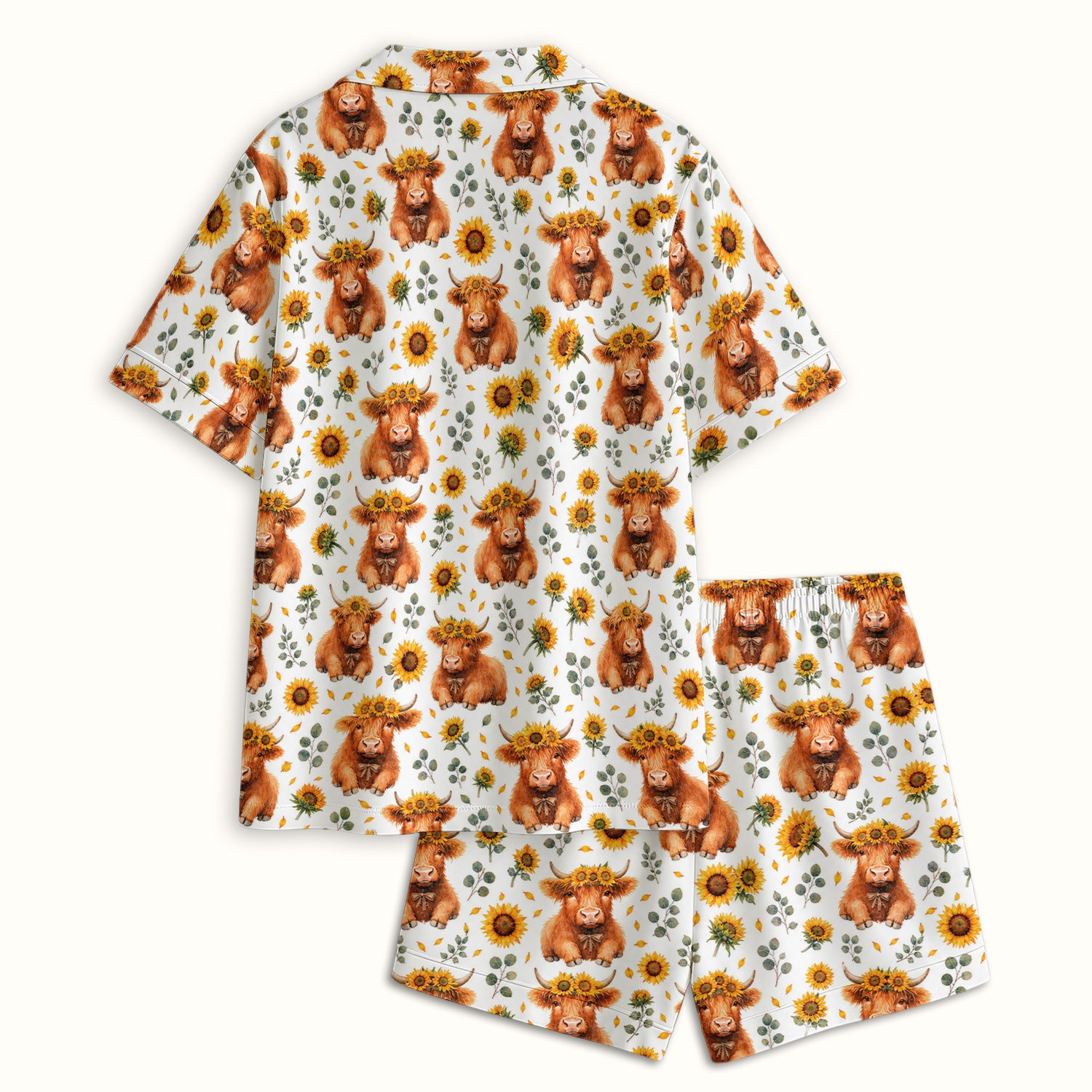 Rustic Highland Cow Floral Pattern Pajama Set, Soft Breathable Fabric Comfortable Sleepwear