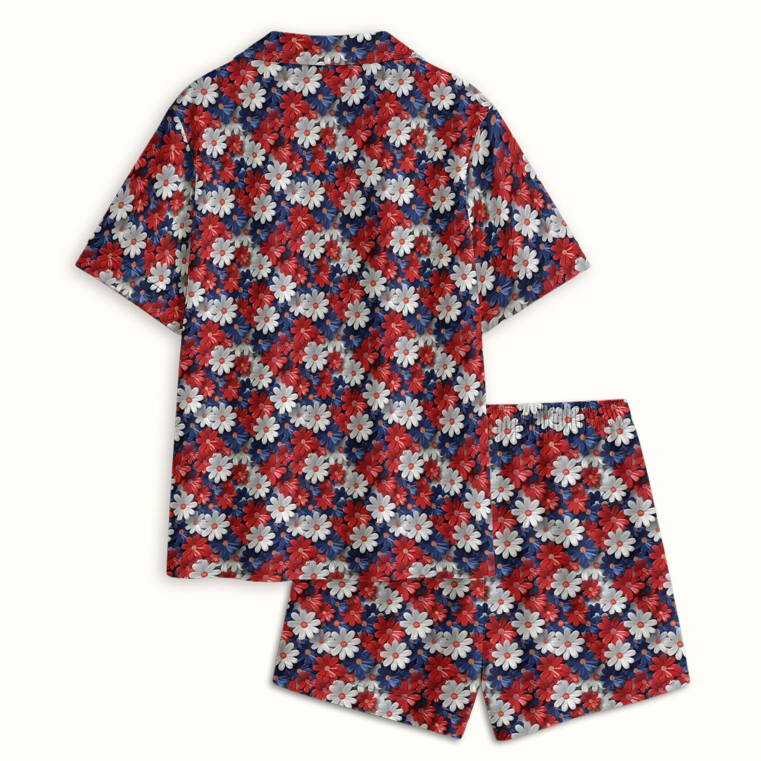 Festive Patriotic Daisy Bloom Pattern Pajama Set, Soft Breathable Fabric Comfortable Sleepwear