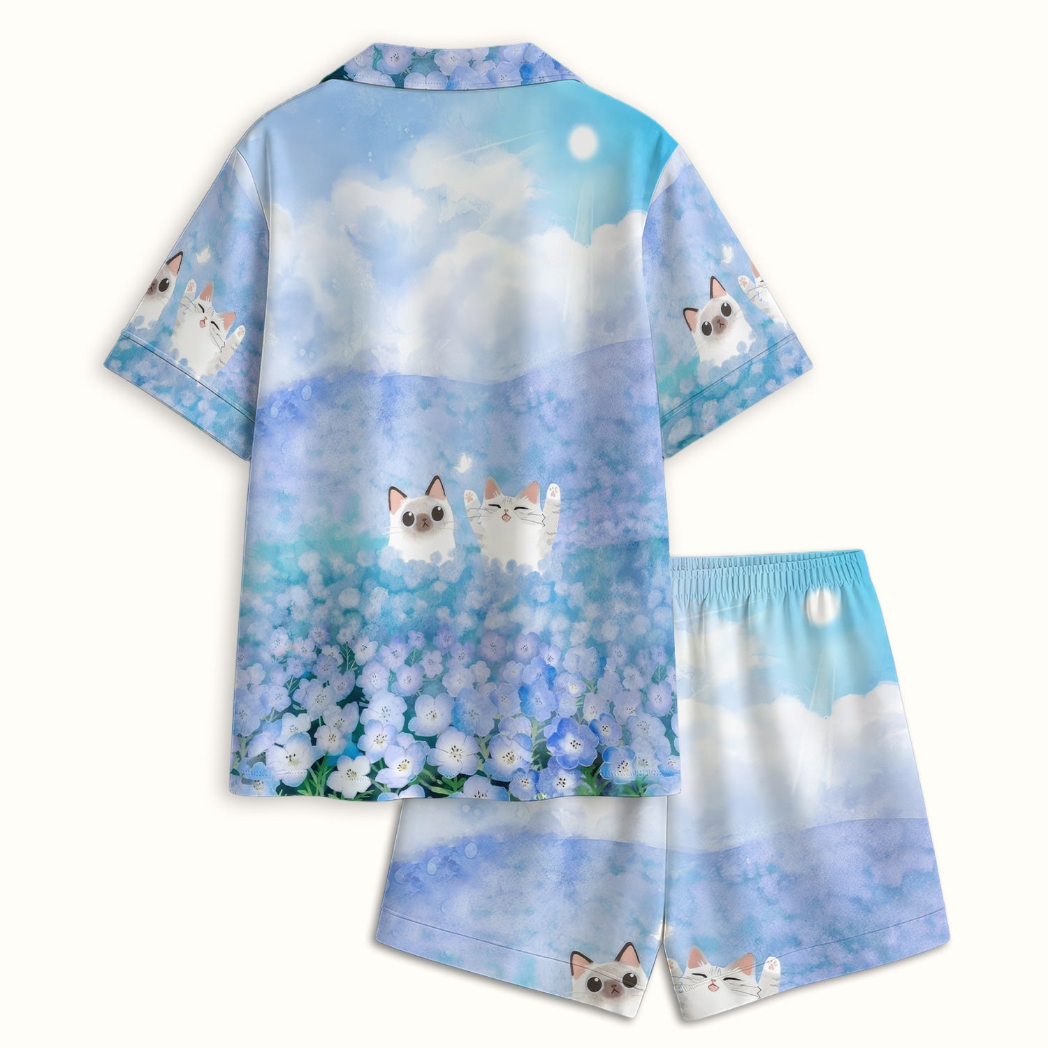 Dreamy Cat Cloud Hydrangea Sky Pattern Pajama Set, Soft Breathable Fabric Comfortable Sleepwear