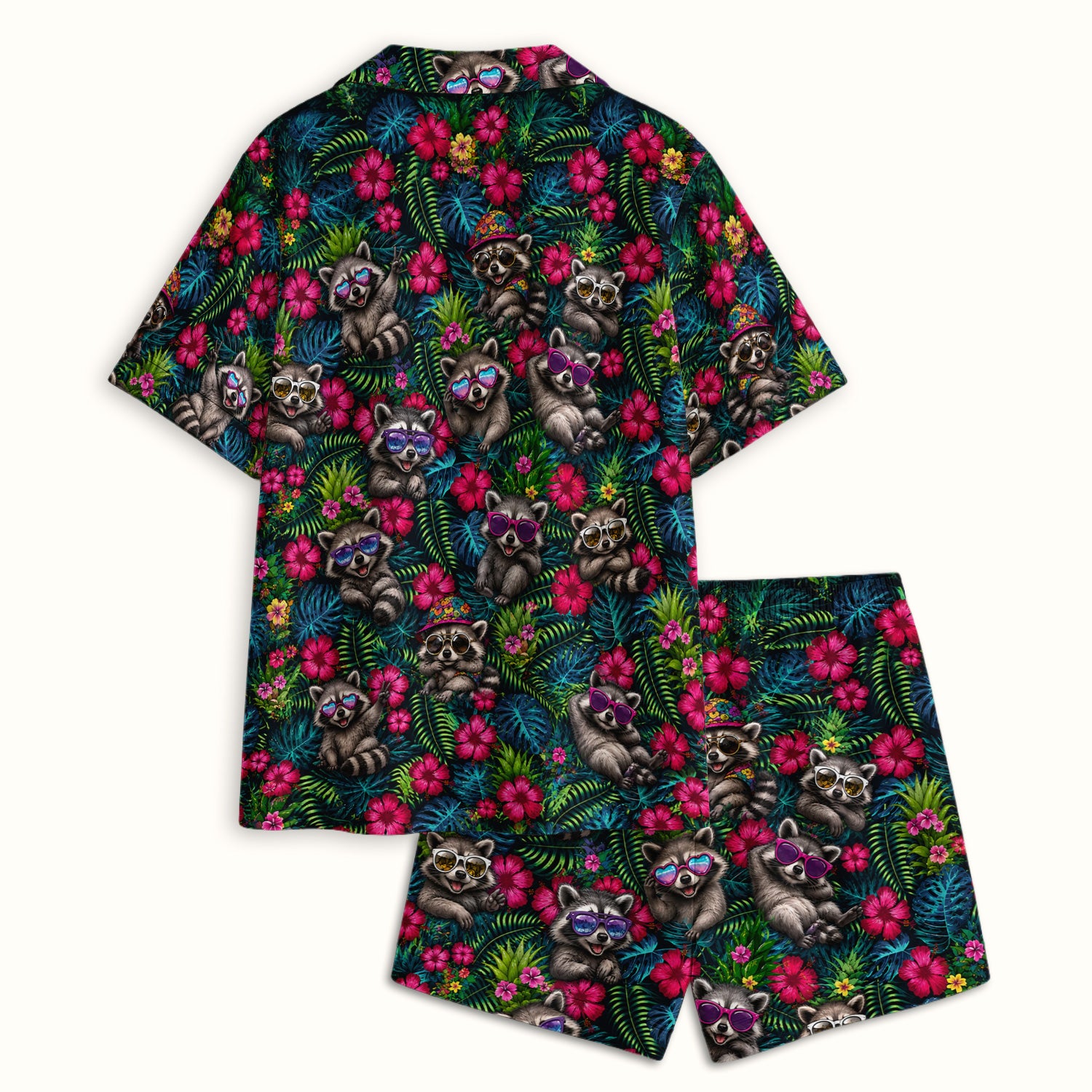 Tropical Raccoon Nurse Floral Pattern Pajama Set, Soft Breathable Fabric Comfortable Sleepwear