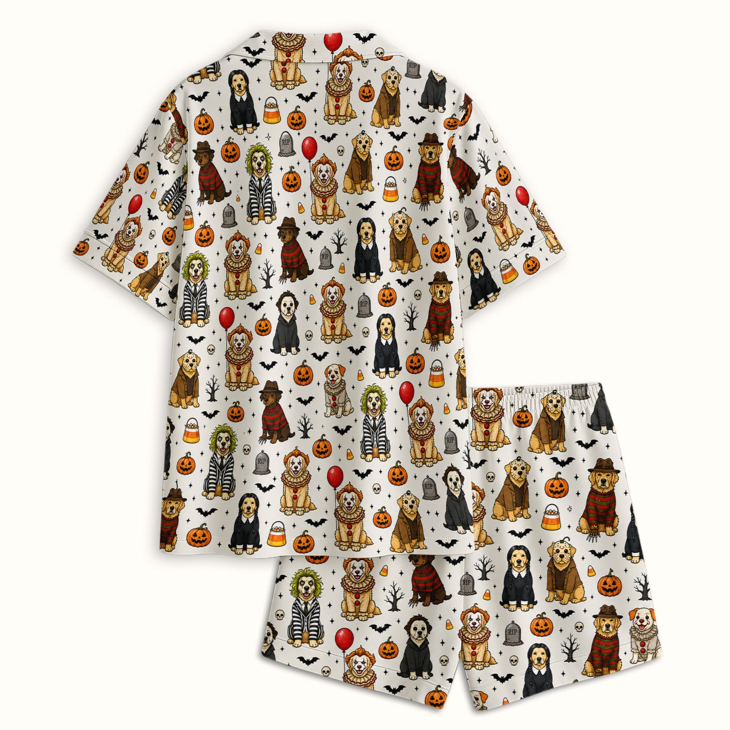 Funny Halloween Dog Pattern Pajama Set, Soft Breathable Fabric Comfortable Sleepwear