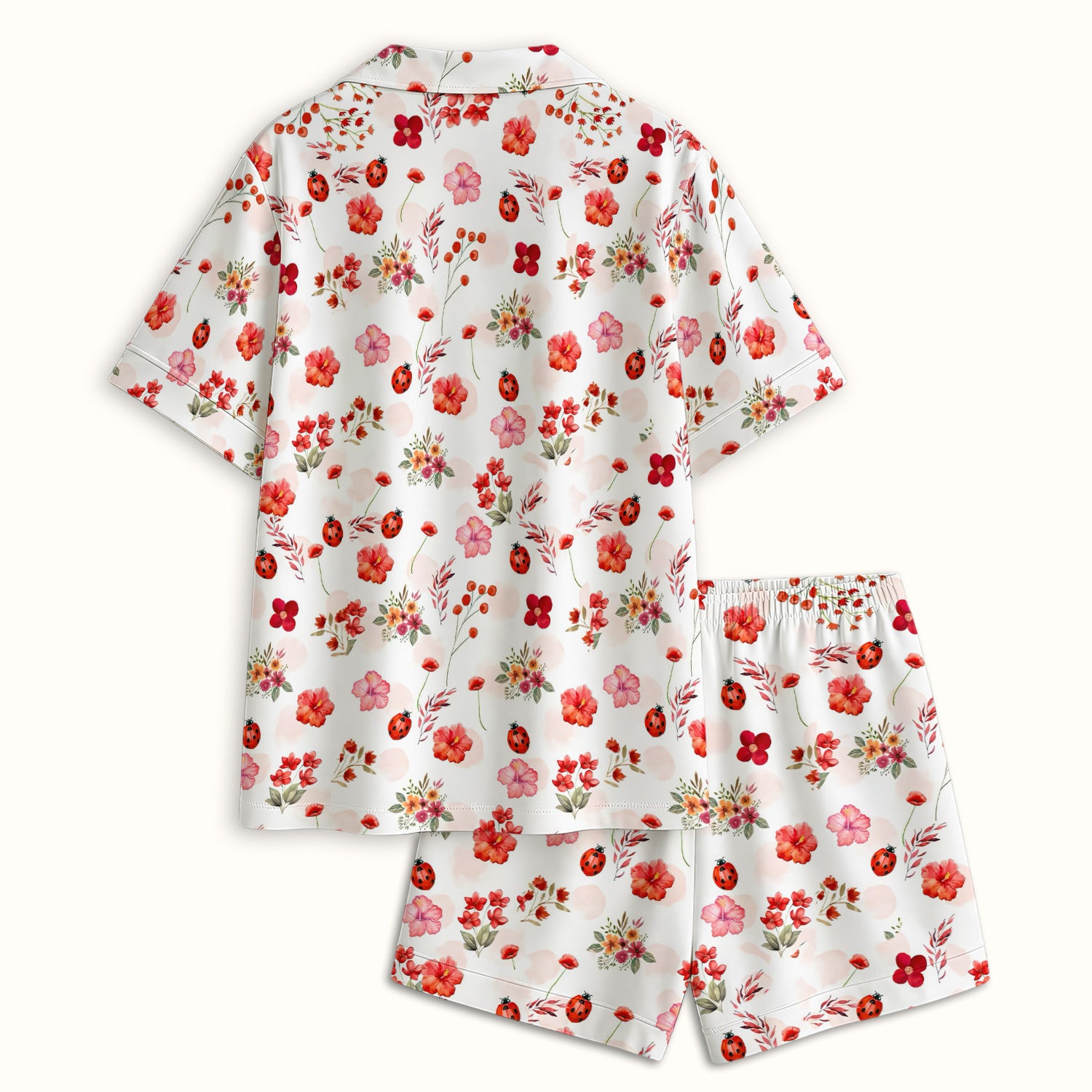 Red Ladybug Floral Garden Pattern Pajama Set, Breathable Fabrics Uniform