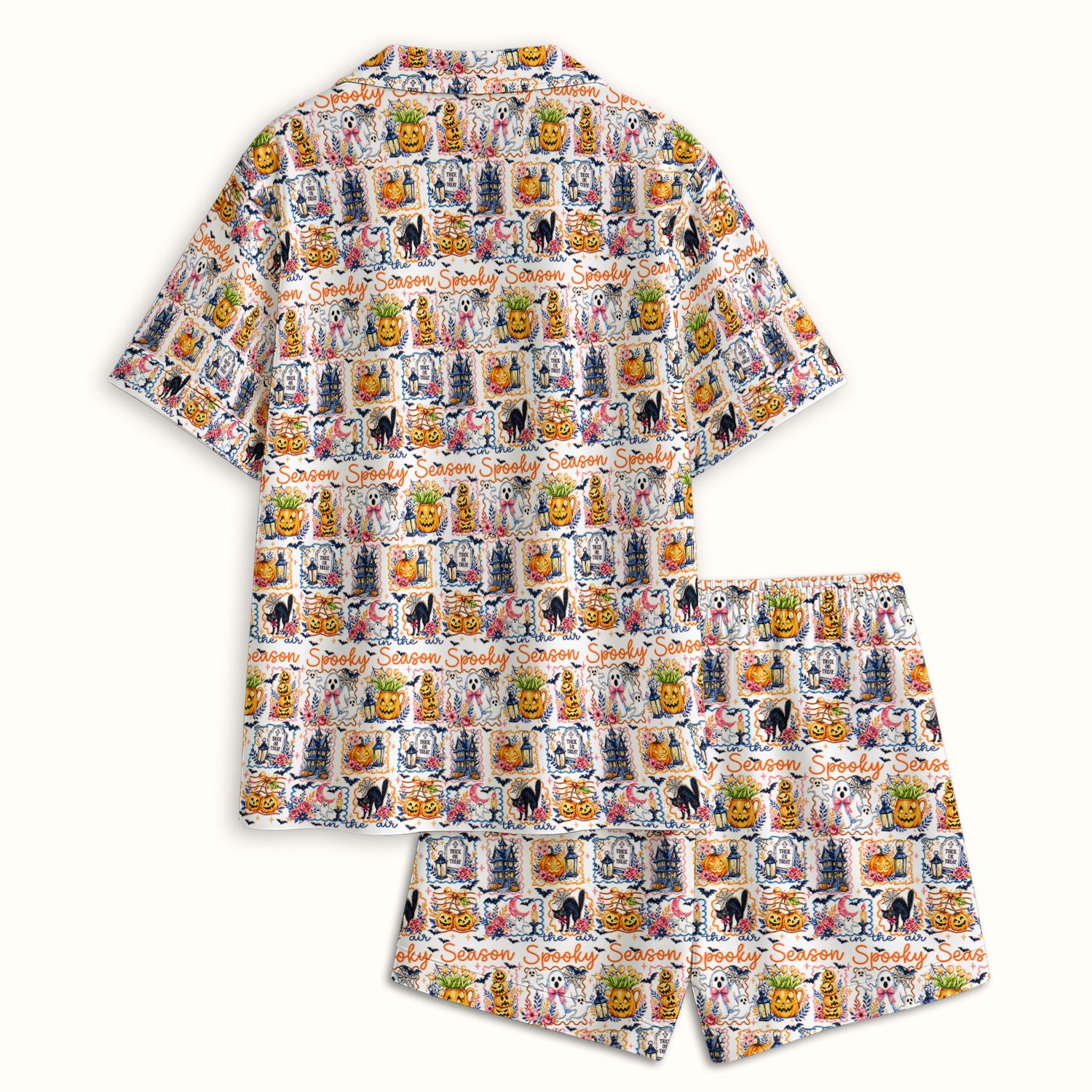 Spooky Halloween Pumpkin Ghost Pattern Pajama Set, Soft Breathable Fabric Comfortable Sleepwear