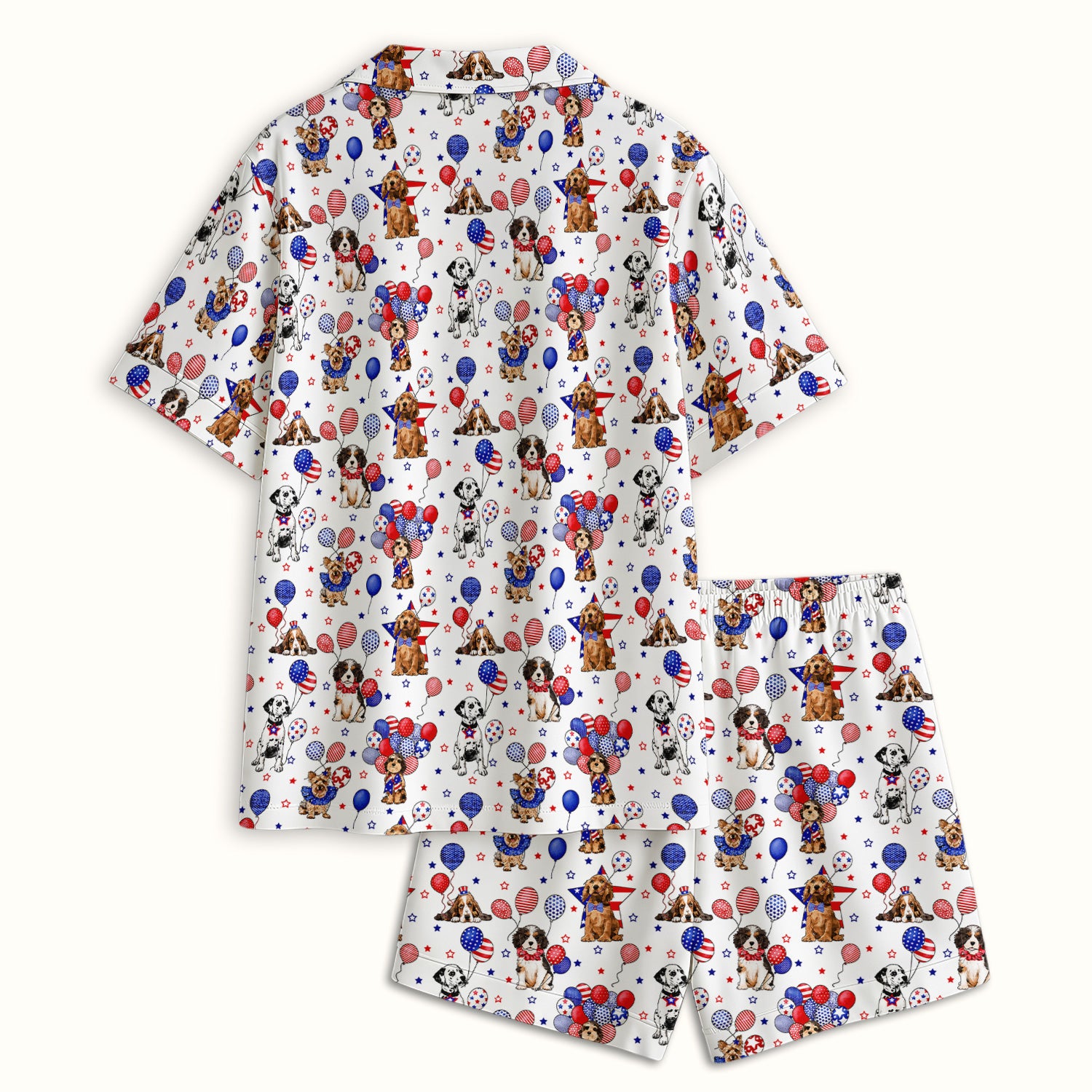 Patriotic Dogs With USA Flag Balloons Pattern Pajama Set, Soft Breathable Fabric Comfortable Sleepwear