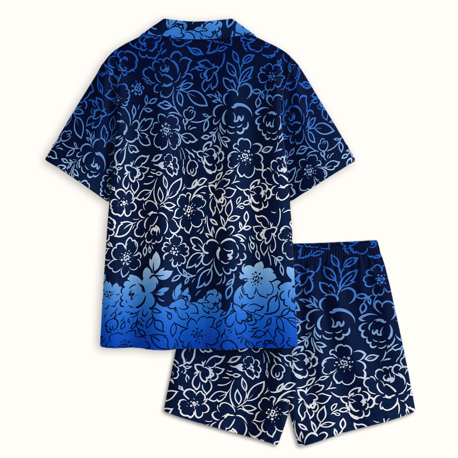 Navy Botanical Flower Print Pajama Set, Soft Breathable Fabric Comfortable Sleepwear