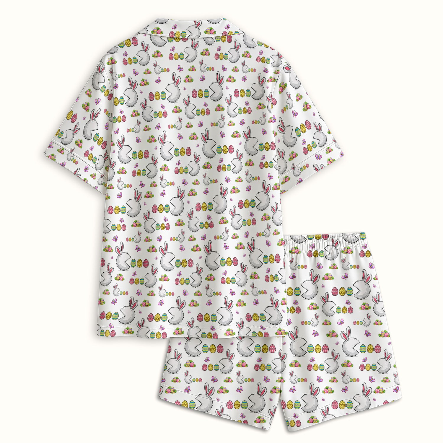 Easter Bunny and Colorful Eggs Print  Pajama Set, Breathable Fabrics Uniform