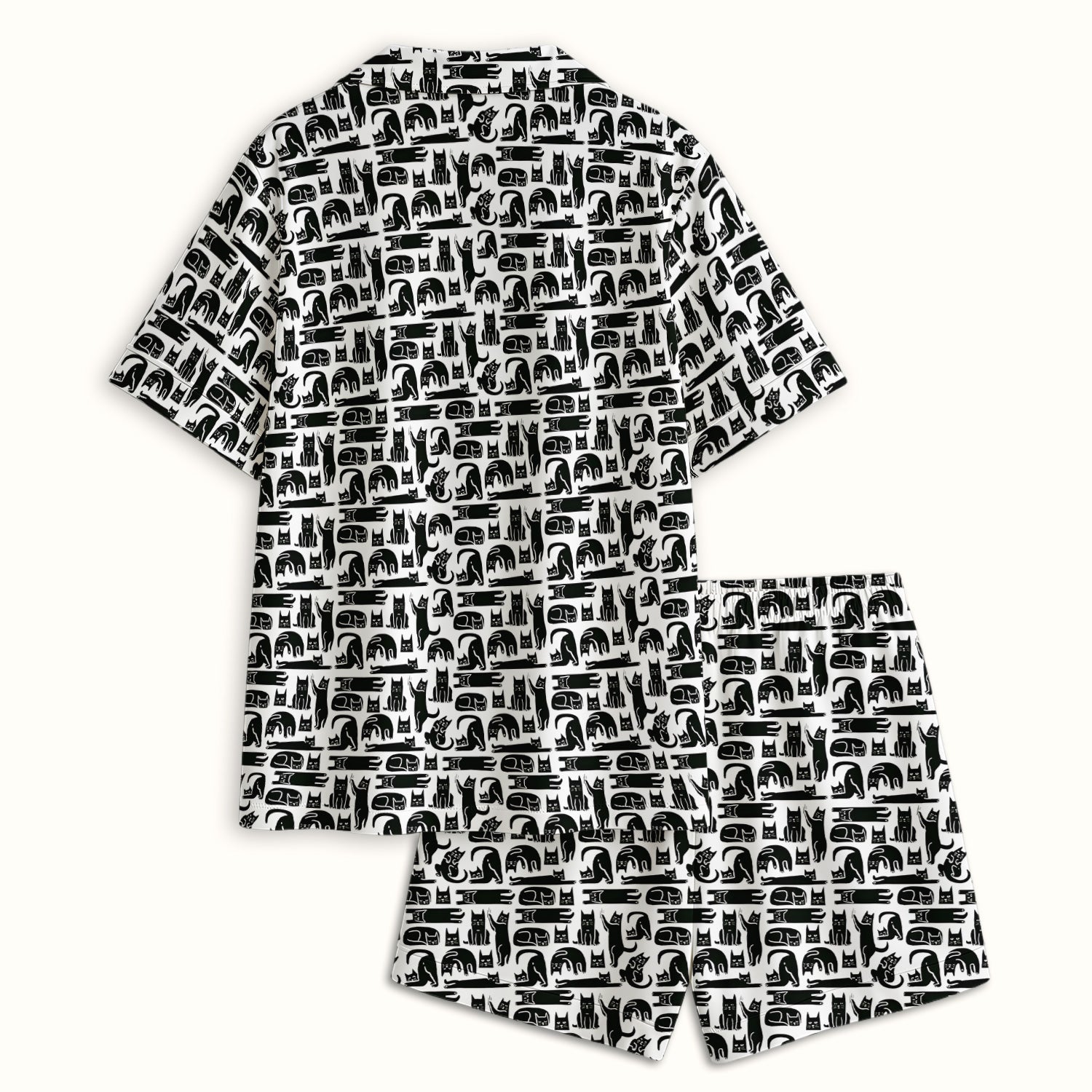 Cute Funny Cat Poses Print Pajama Set, Breathable Fabrics Uniform