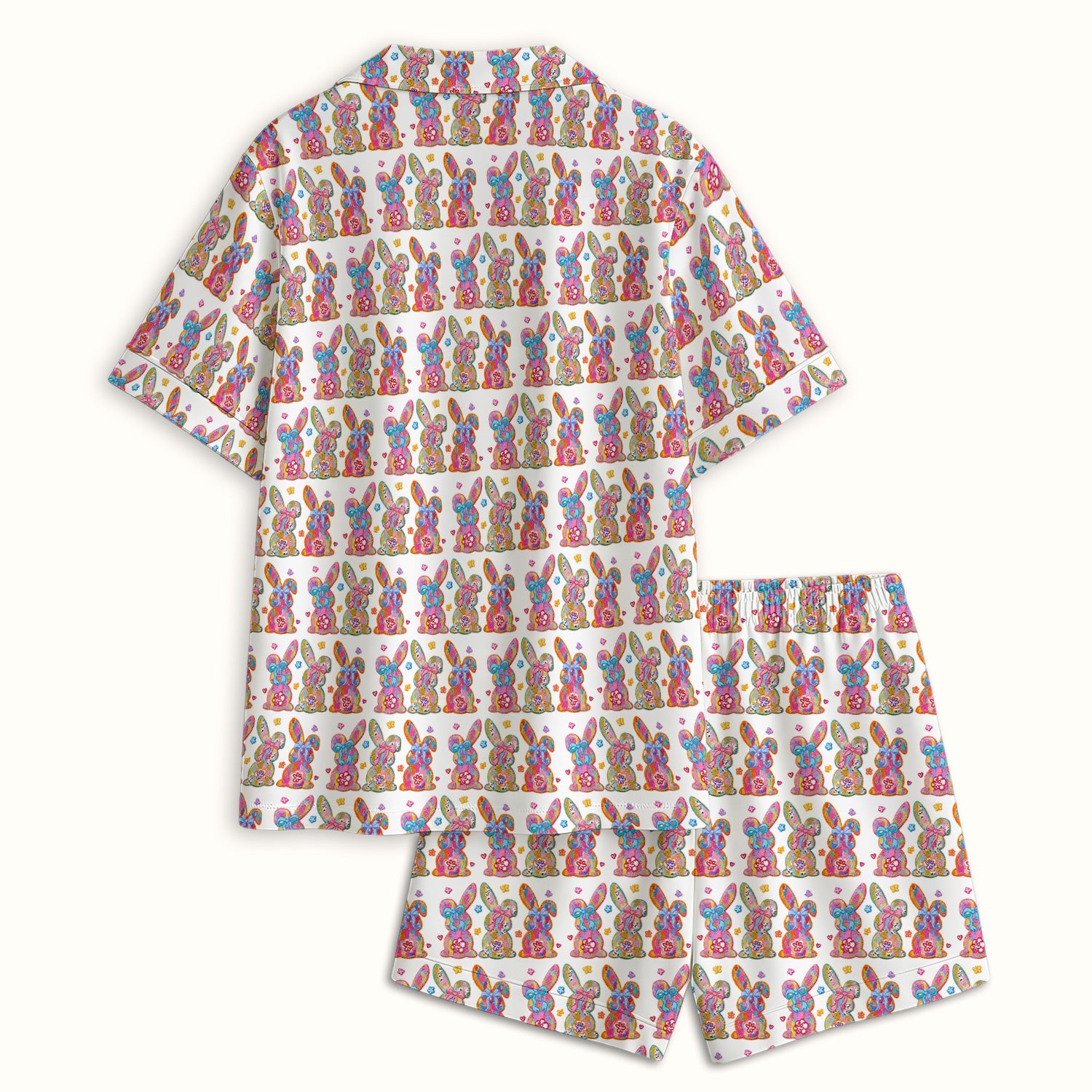 Cute Pastel Bunny Floral Pattern Pajama Set, Breathable Fabrics Uniform