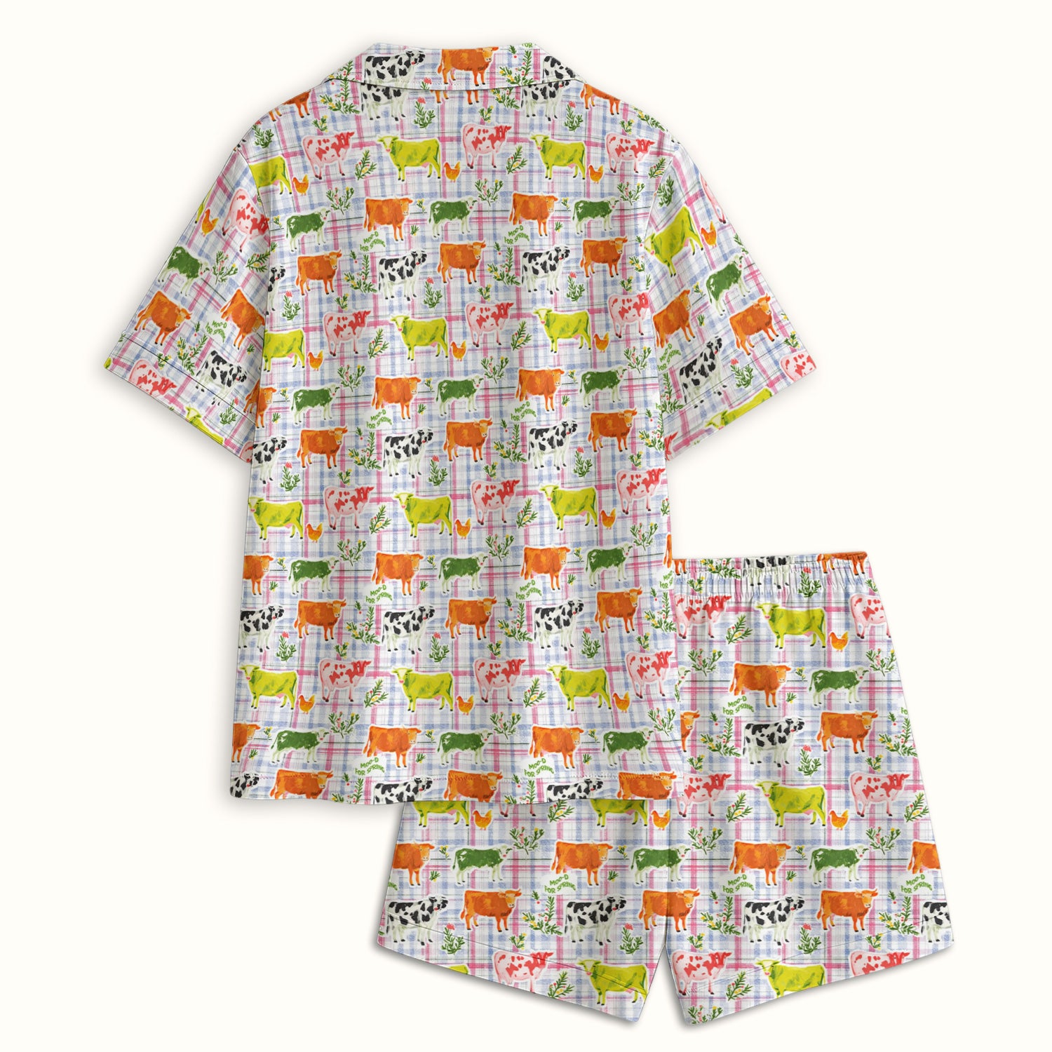 Colorful Farm Cow Plaid Print Pajama Set, Soft Breathable Fabric Comfortable Sleepwear