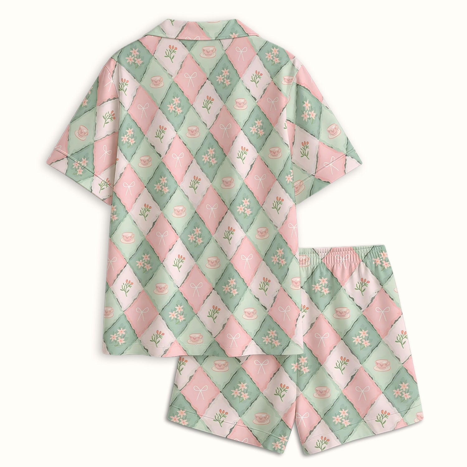 Flowers Tea Cups Pattern  Pajama Set, Soft Breathable Fabric Comfortable Sleepwear